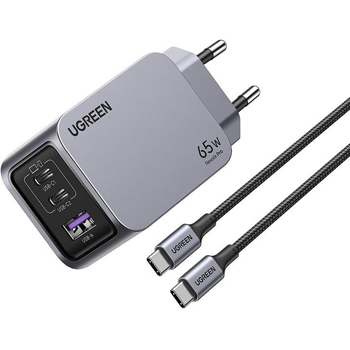 Ugreen Nexode Pro 25871 2xUSB-C+USB-A QC/PD 65W GaN Hızlı Şarj Kablosu ve Adaptörü