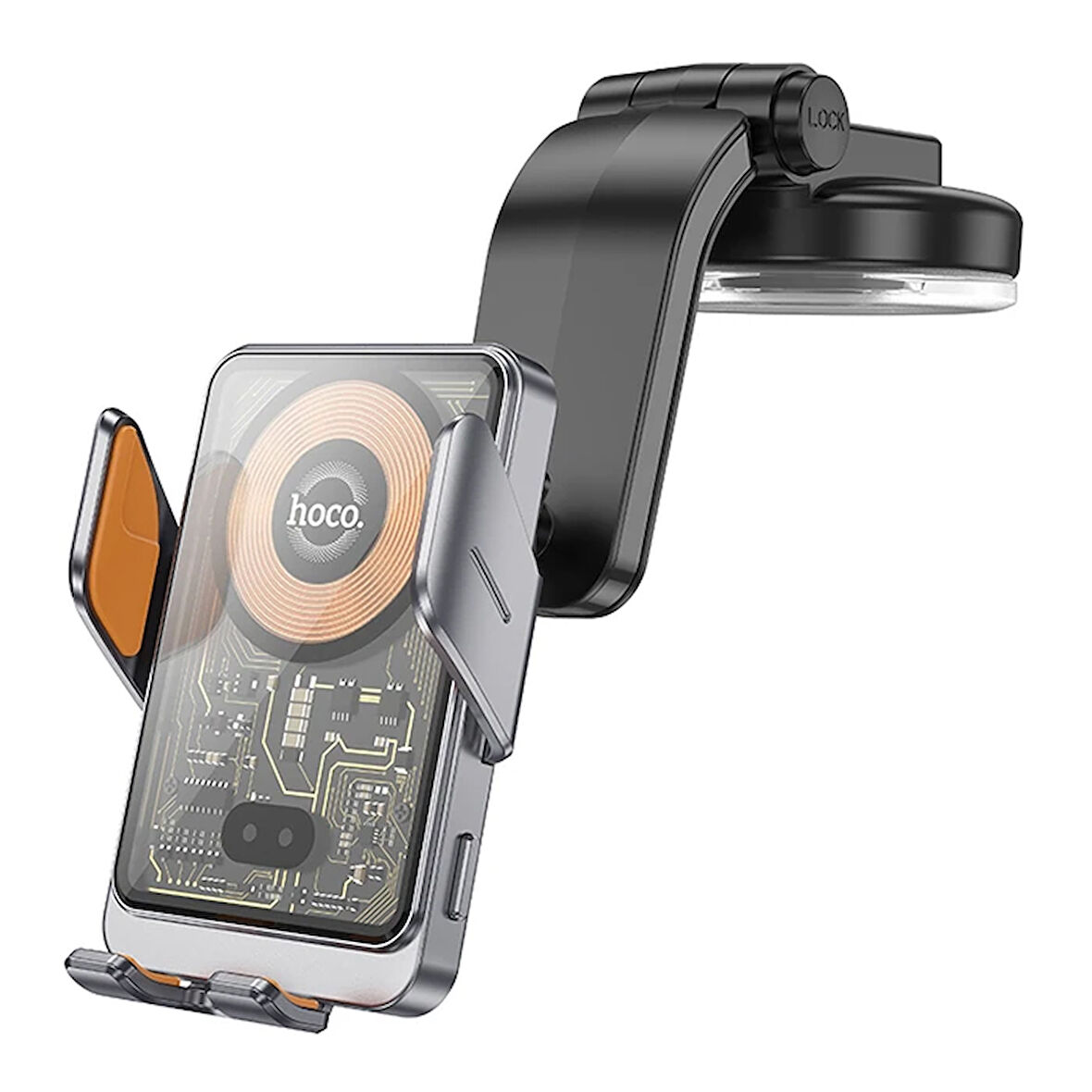 HOCO HW8 Transparent Discovery Edition Kablosuz Şarjlı Araç İçi Torpido Üstü Telefon Tutucu (Gri)
