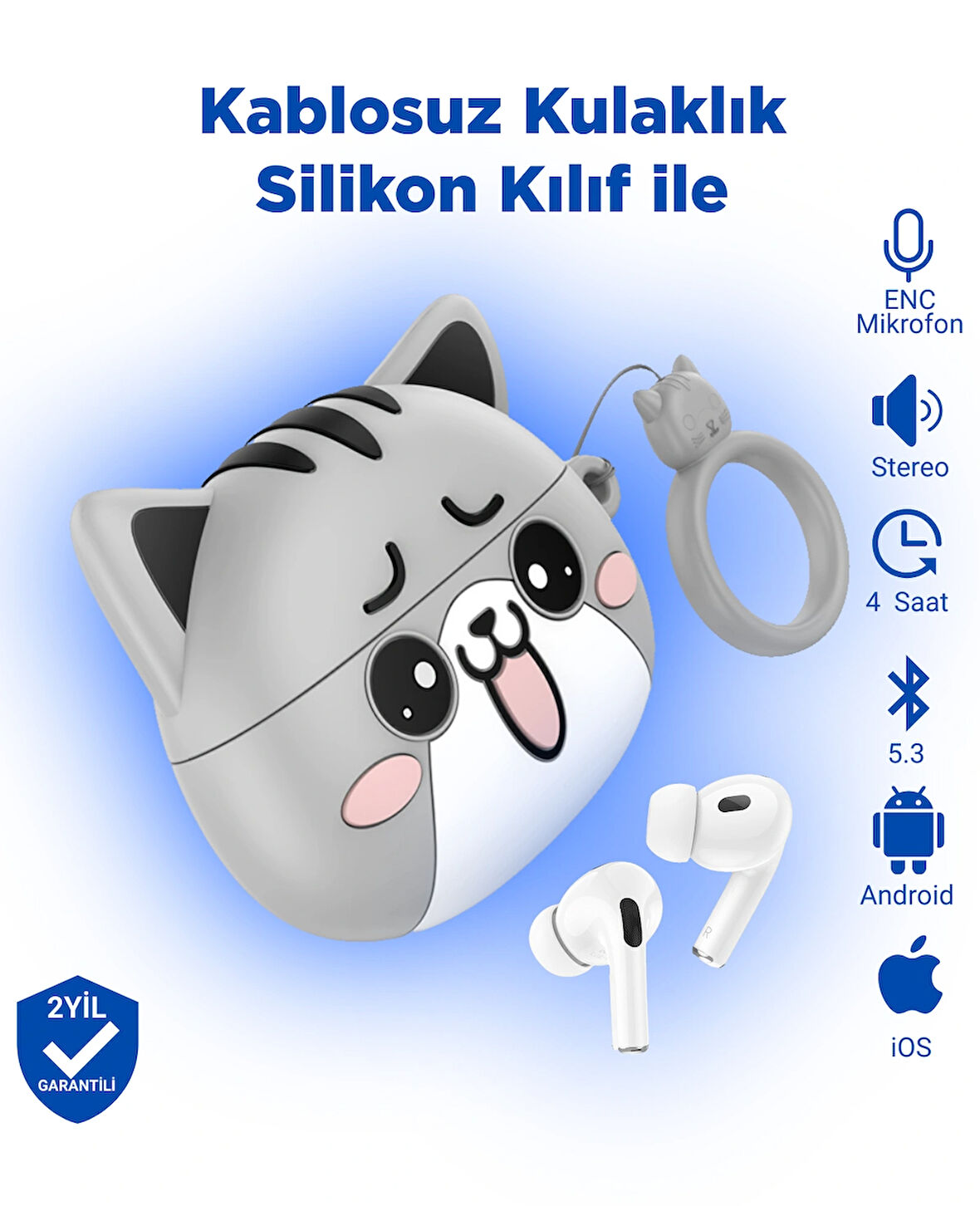 Ew48 Pro Ios Android Uyumlu Tws Bluetooth 5.3 Kablosuz Kulaklık Silikon Kedi Desenli Kılıf Ile Gri