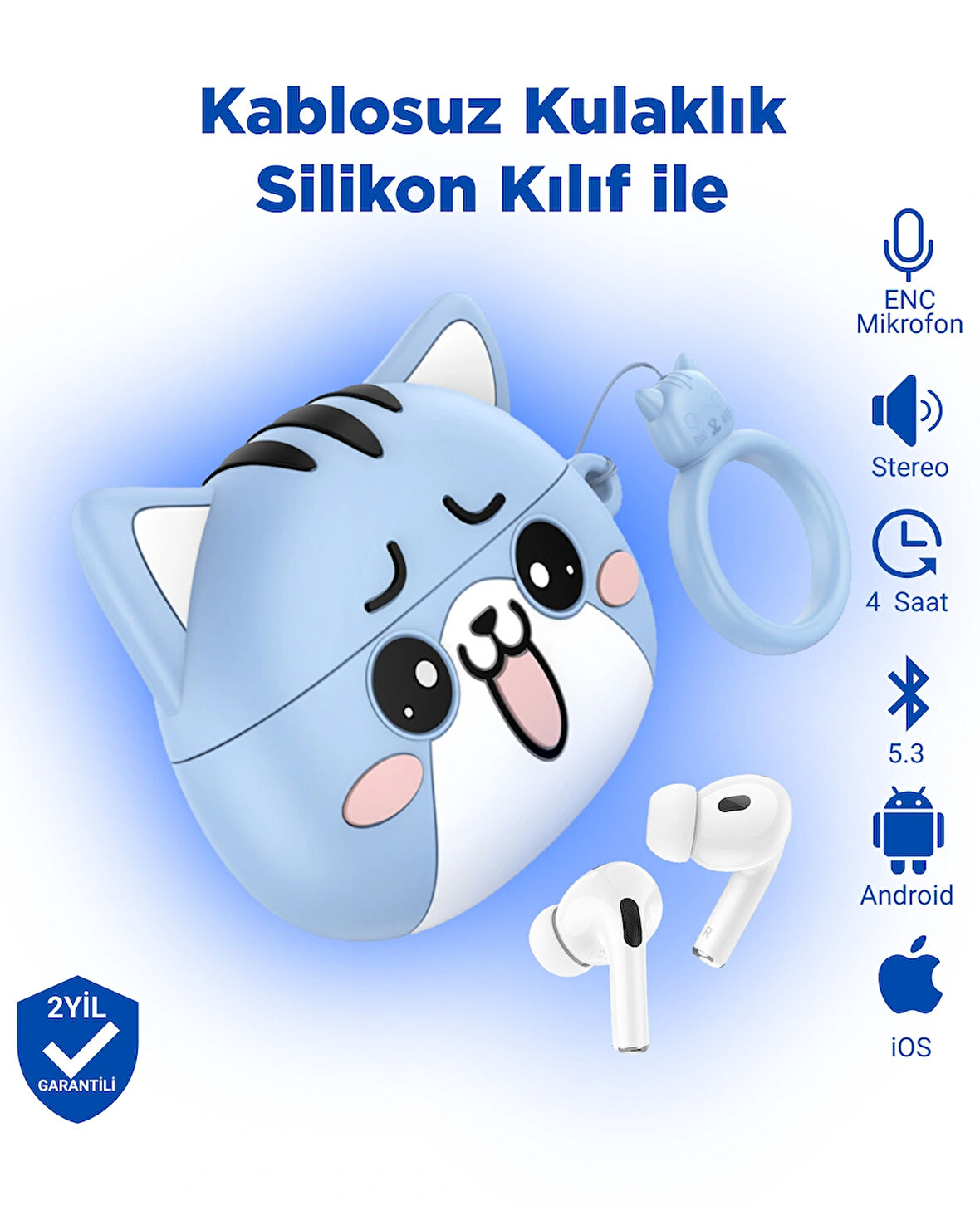 Ew48 Pro Ios Android Uyumlu Tws Bluetooth 5.3 Kablosuz Kulaklık Silikon Kedi Desenli Kılıf Ile Mavi