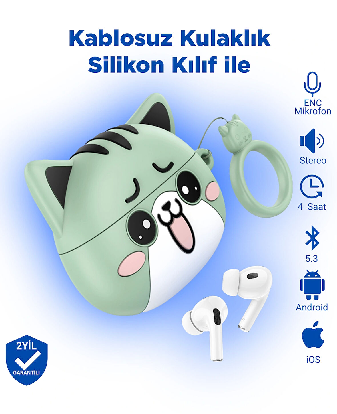 Ew48 Pro Ios Android Uyumlu Tws Bluetooth 5.3 Kablosuz Kulaklık Silikon Kedi Desenli Kılıf Ile Haki