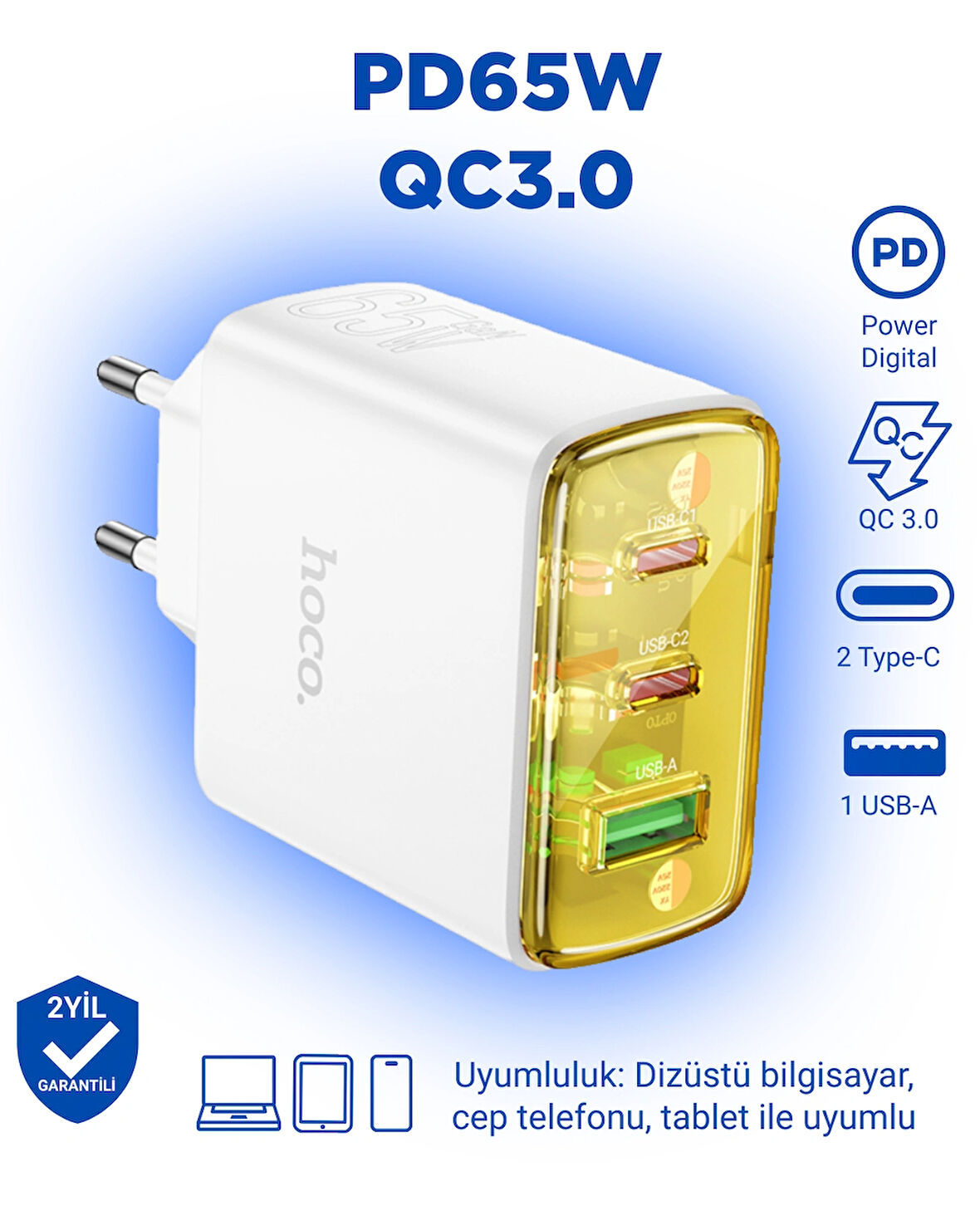 Hoco CS44A Akıllı PD65W + Qc3.0 Gan Usb-C + Usb-A Hızlı Şarj Adaptörü