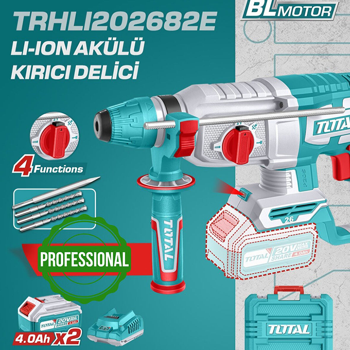 Total Li-Ion Akülü Kırıcı Delici Matkap 2x4 Ah Çift Akü TRHLI202682E