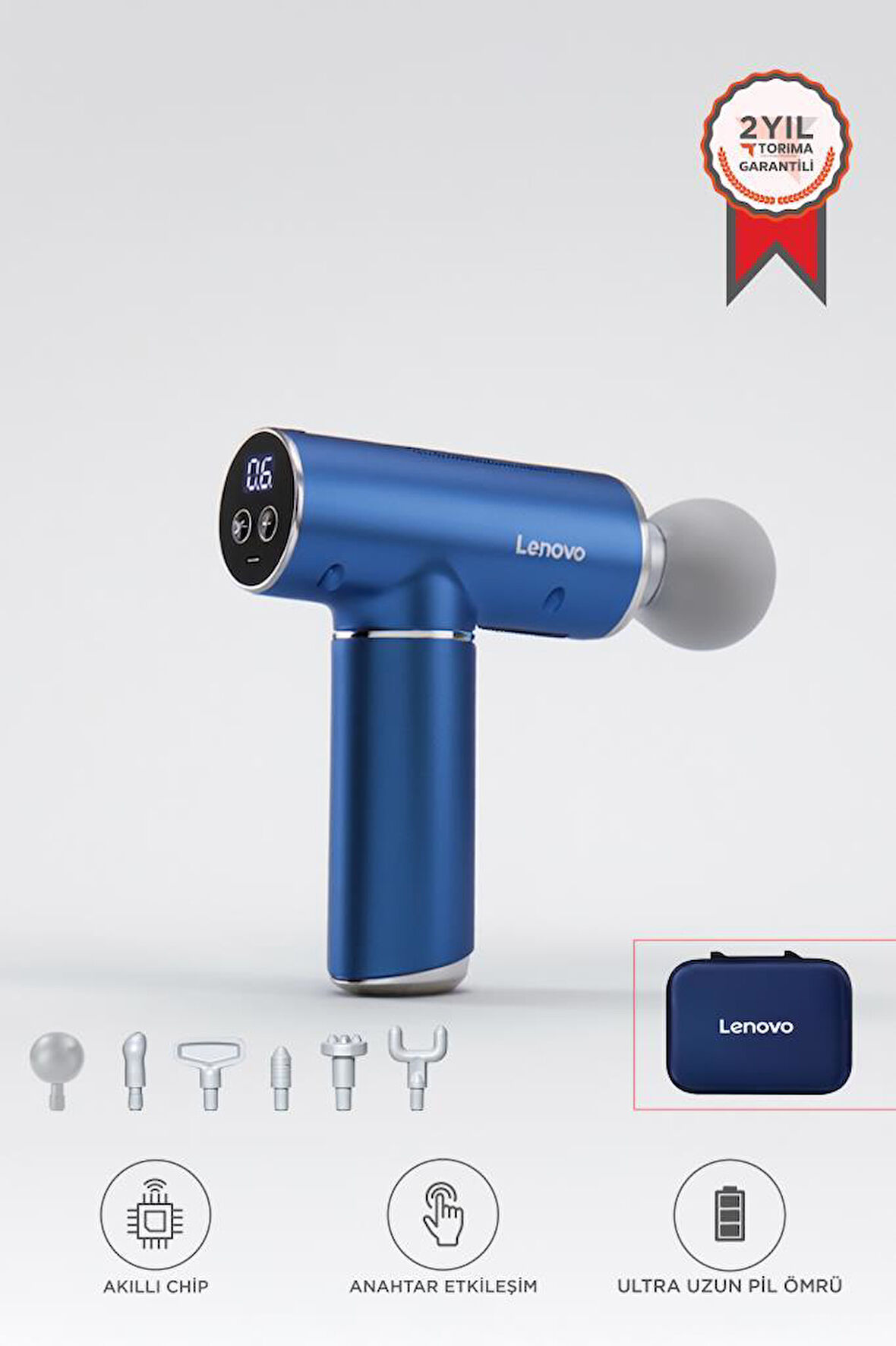 Lenovo N2 Mavi Darbeli Titreşimli Masaj Tabancası 1800MAH Şarjlı 6 Başlıklı Egzersiz Aleti