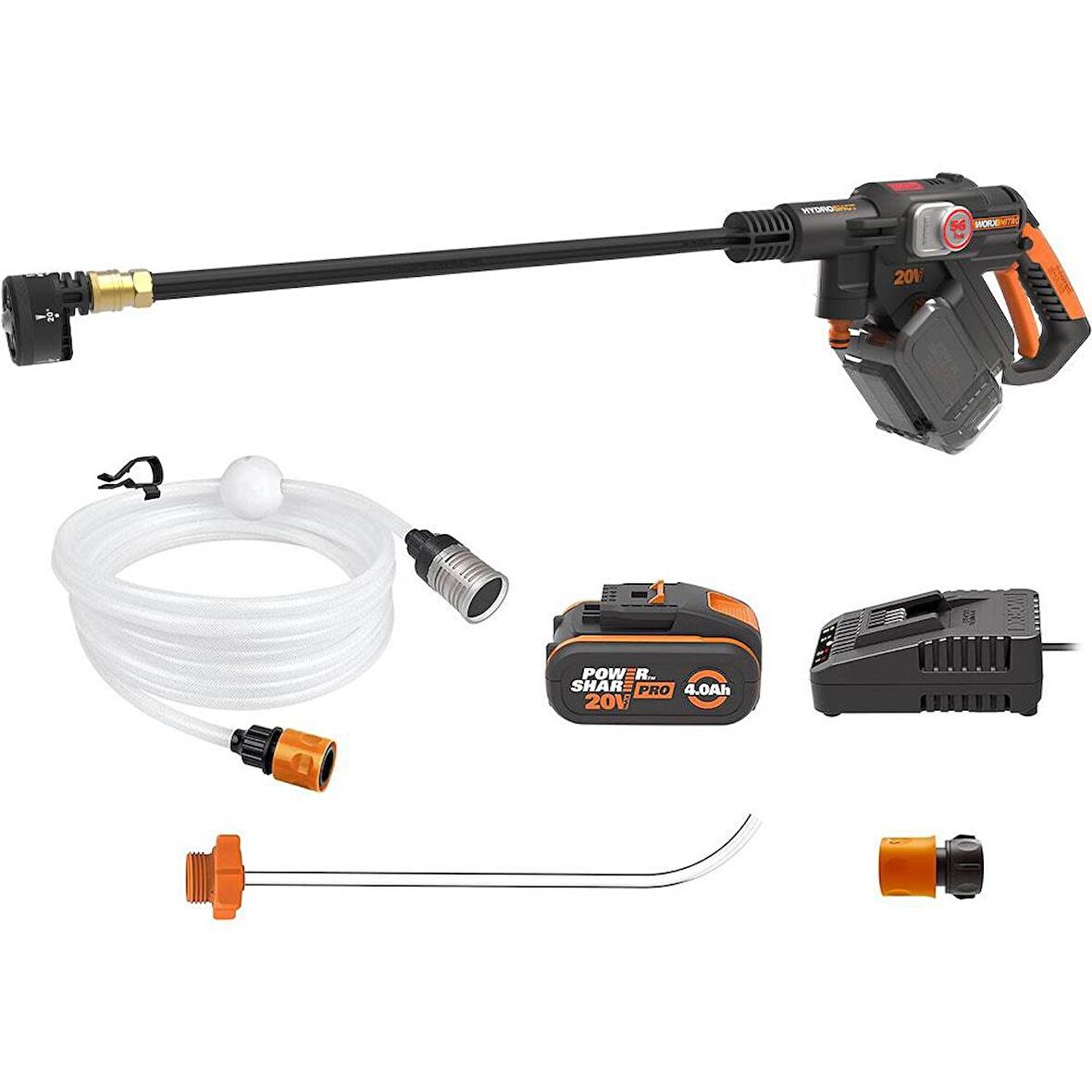 WORX WG633E 20Volt 4.0Ah. Li-ion 56Bar Kömürsüz Basınçlı Yıkama Tabancası + 2 Parça Yıkama Seti 