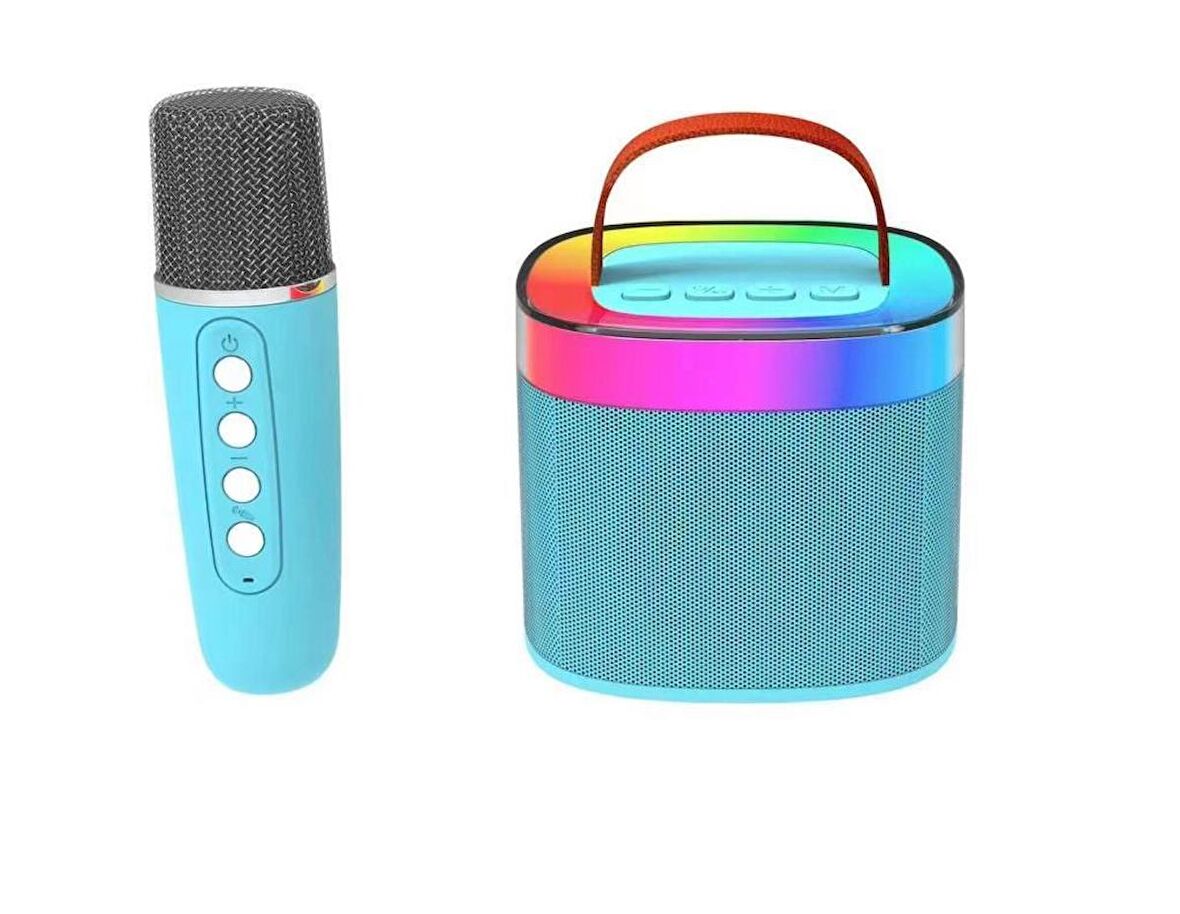 Doppler Diamond Ledli Turkuaz Bluetooth Hoparlör ve Mikrofon Kablosuz Mini Karaoke Seti Mikrofonlu Mavi