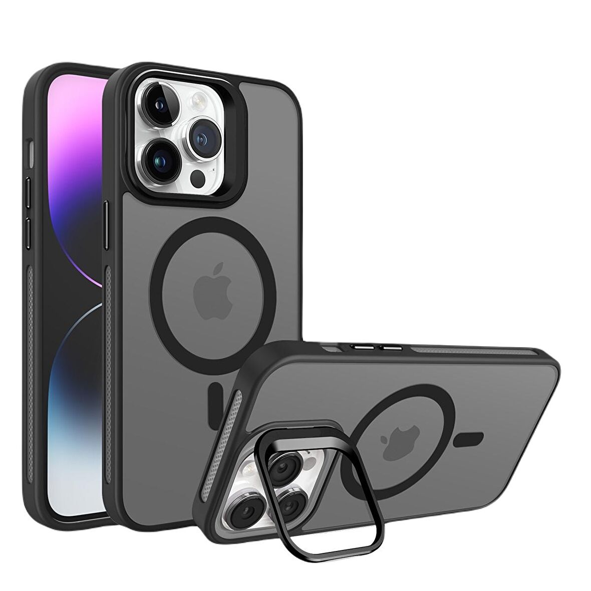 Piili İphone 15 Metal Bracket Magsafe Mat Kılıf Siyah
