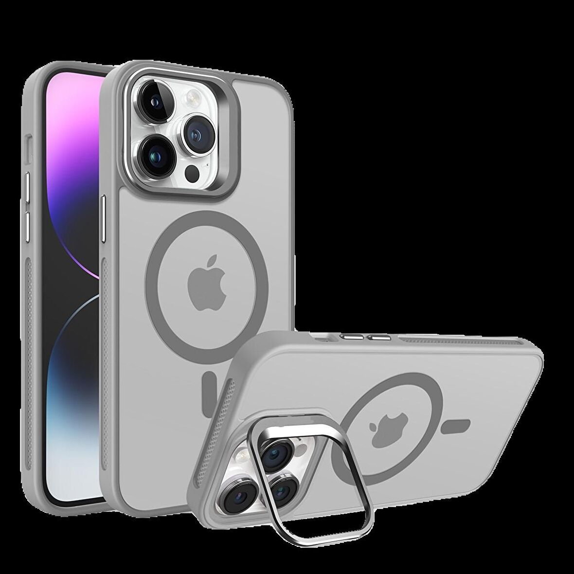 Piili İphone 15 Pro Metal Bracket Magsafe Mat Kılıf Gri