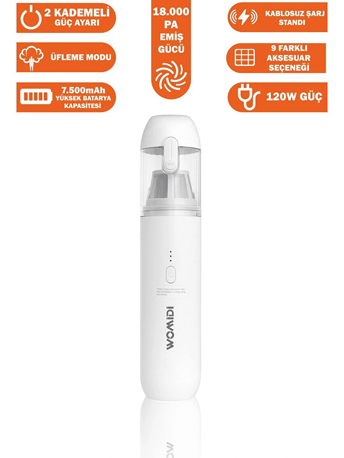 womidi Ev Araç İçi Süpürge 18.000Pa Güçlü Emiş,9 Adet Aksesuar Üfleme Fonksiyonlu, Taşınabilir Mini Süpürge