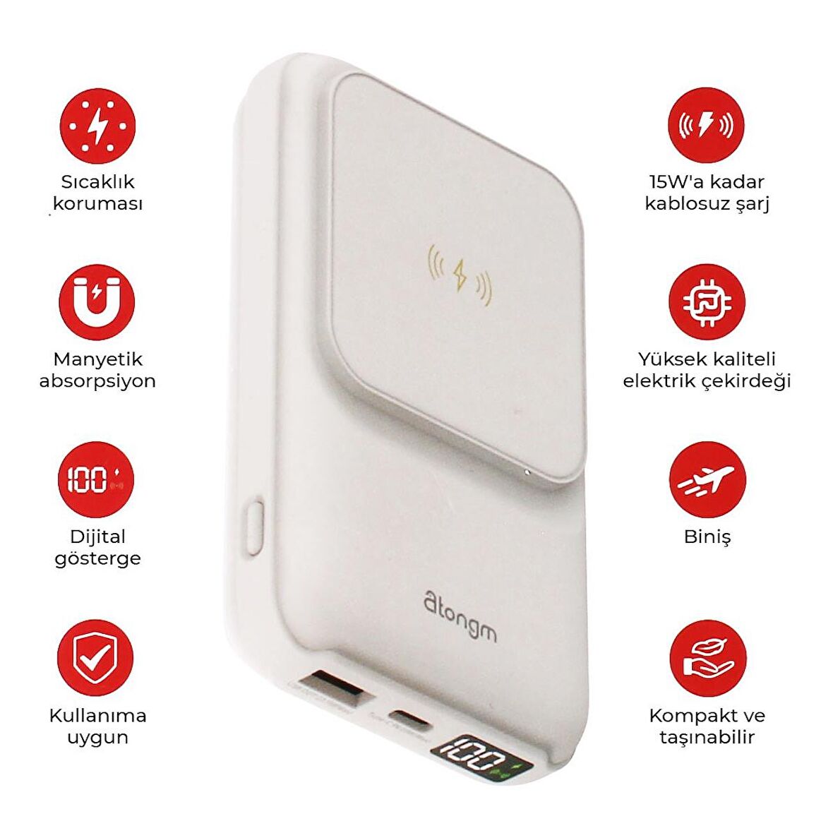 Atongm 10000 mAh Hızlı Şarj Powerbank Beyaz 