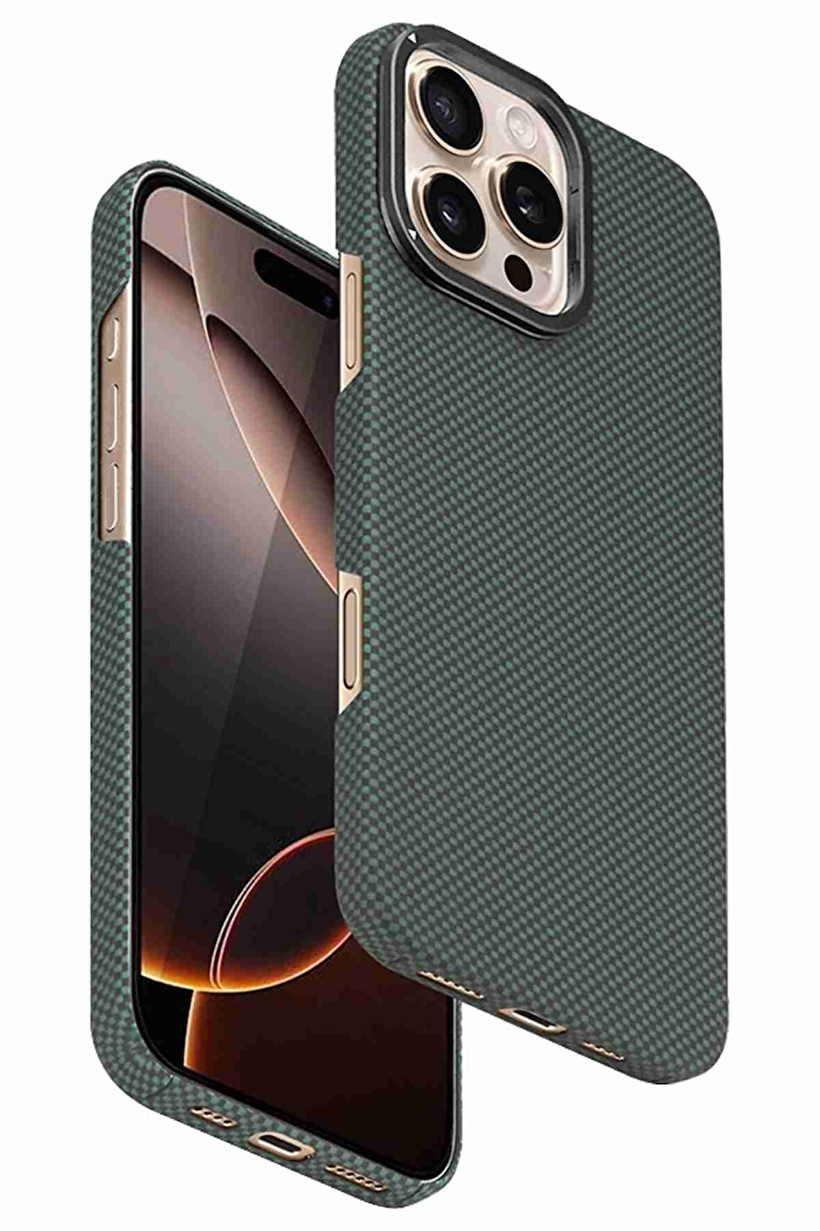 Fuchsia iPhone 16 Pro Max Uyumlu Manyetik Şarj Özellikli Lens Standlı Kevlar Telefon Kılıfı
