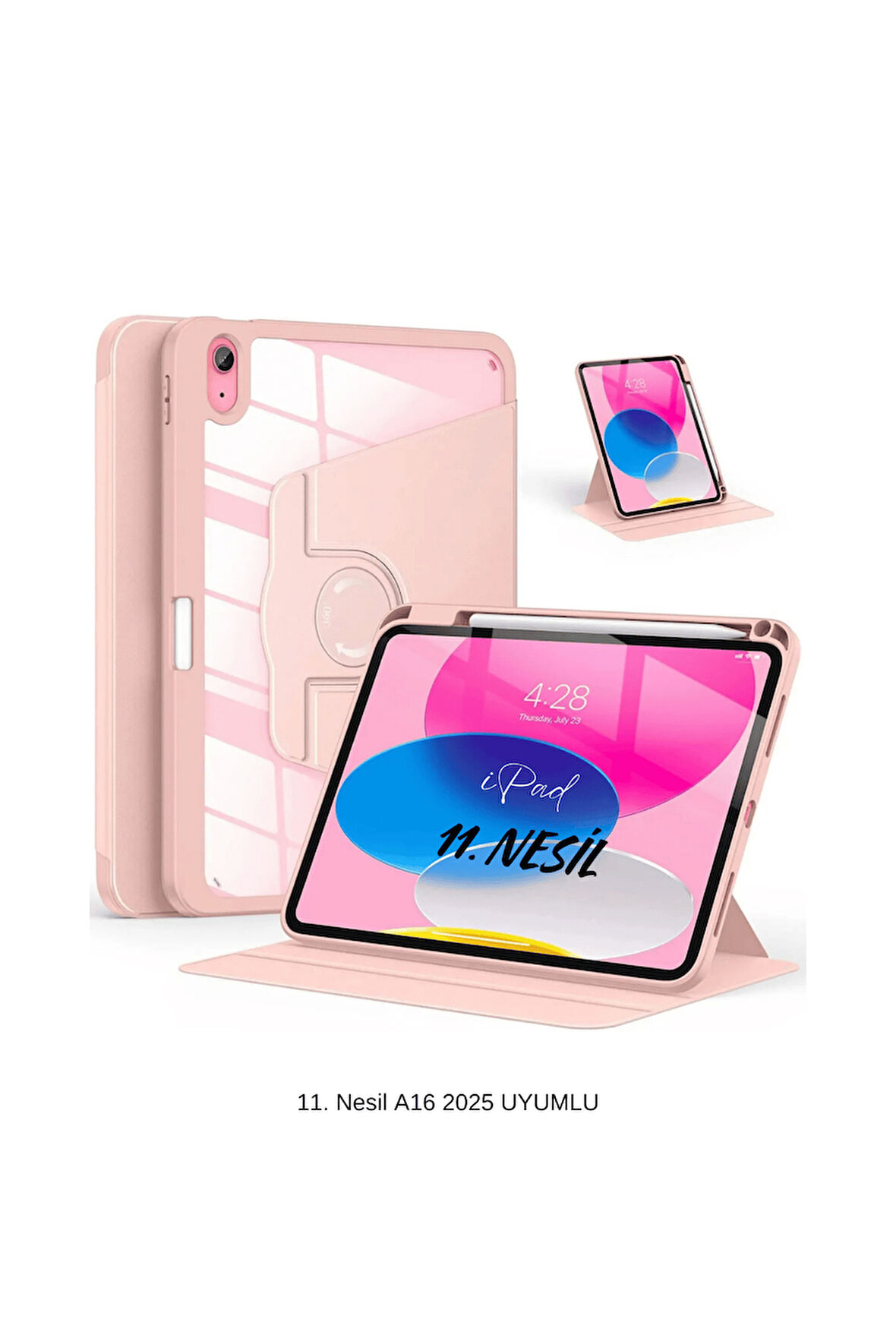 iPad 11. Nesil A16 2025 Uyumlu 360° Dönebilen Yatay Dikey Standlı Fuchsia Pino Tablet Kılıfı