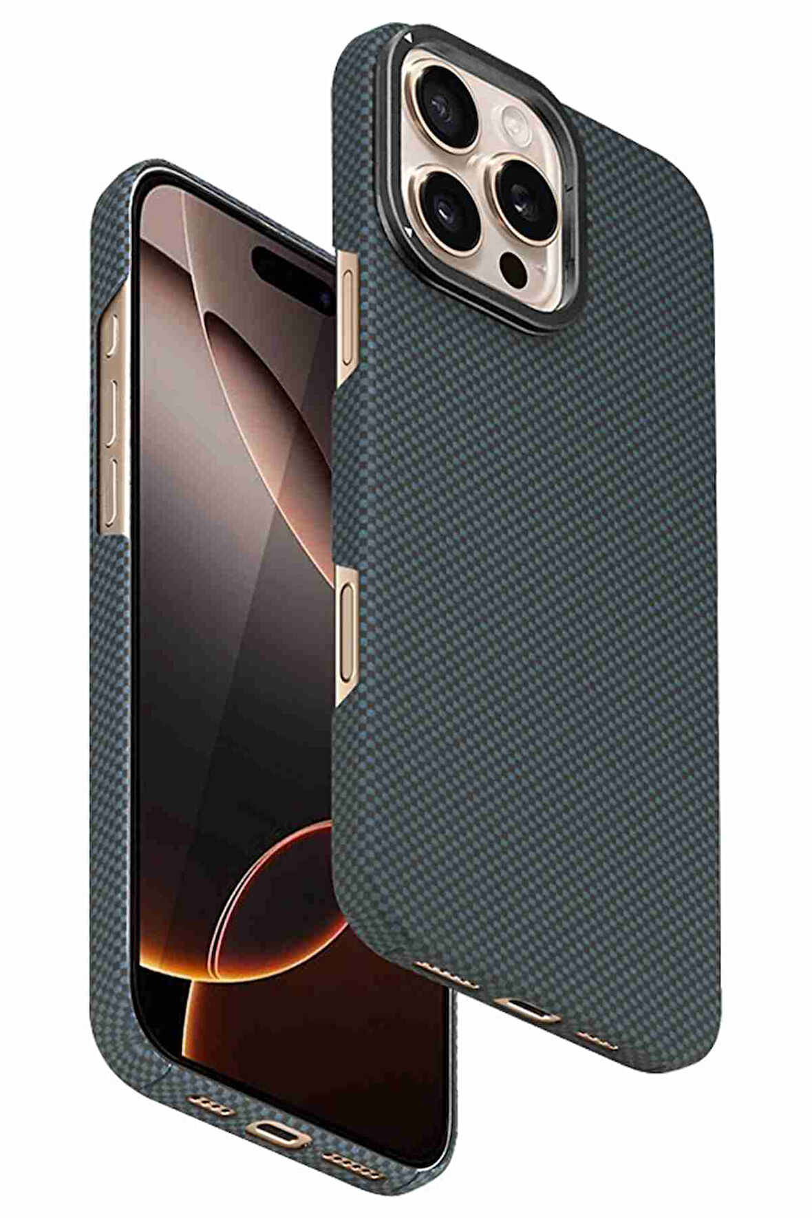 Fuchsia iPhone 16 Pro Max Uyumlu Manyetik Şarj Özellikli Lens Standlı Kevlar Telefon Kılıfı