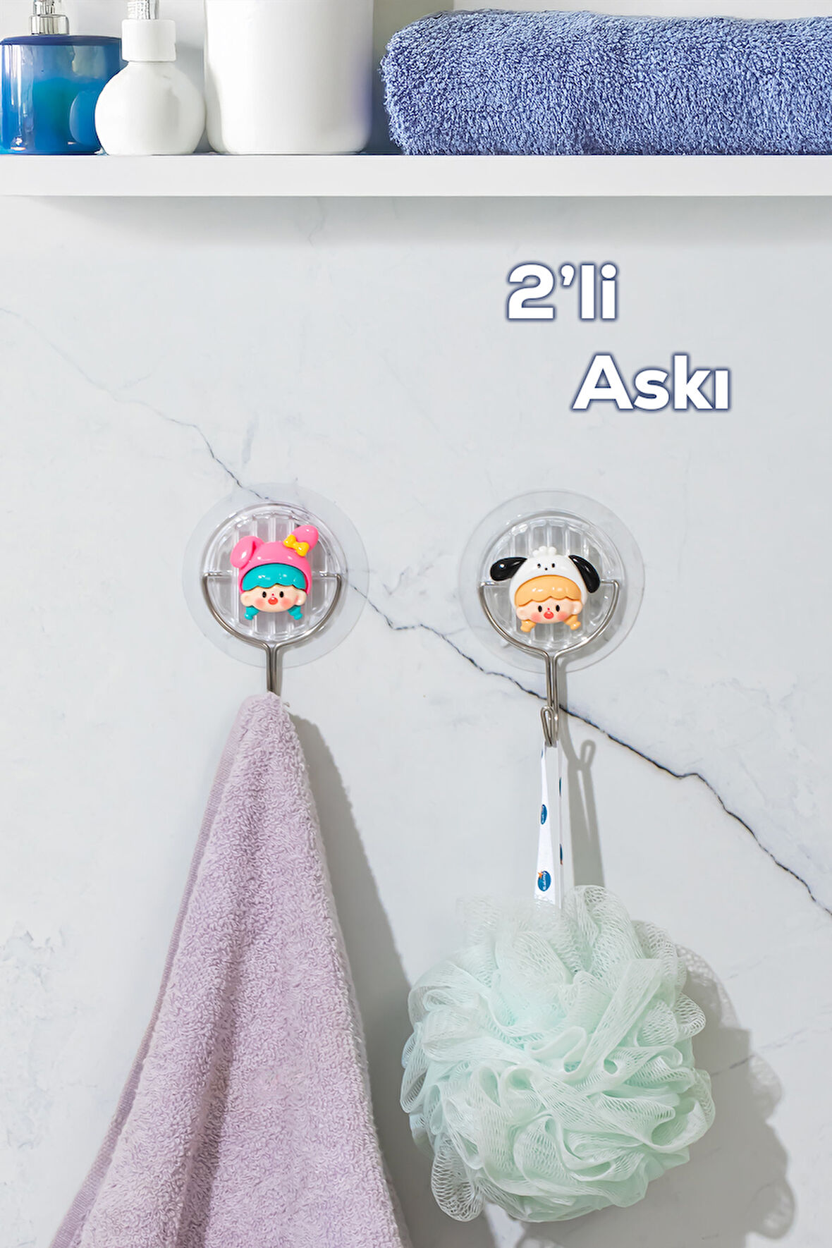 Porsima 085 2 Adet Tekli Figür Desenli Dekoratif Yapışkanlı Banyo Mutfak Elbise Askılığı Havlu Askılığı