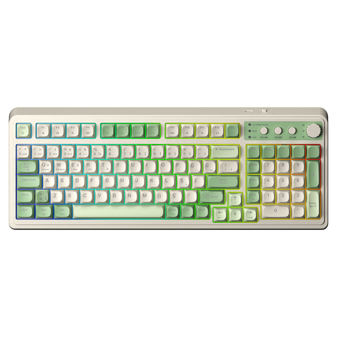 Aula S99 Retro RGB Gaming 3 Modlu Bluetooth/2.4GHz/USB-C Kablosuz Makrolu Türkçe Q Klavye Yeşil