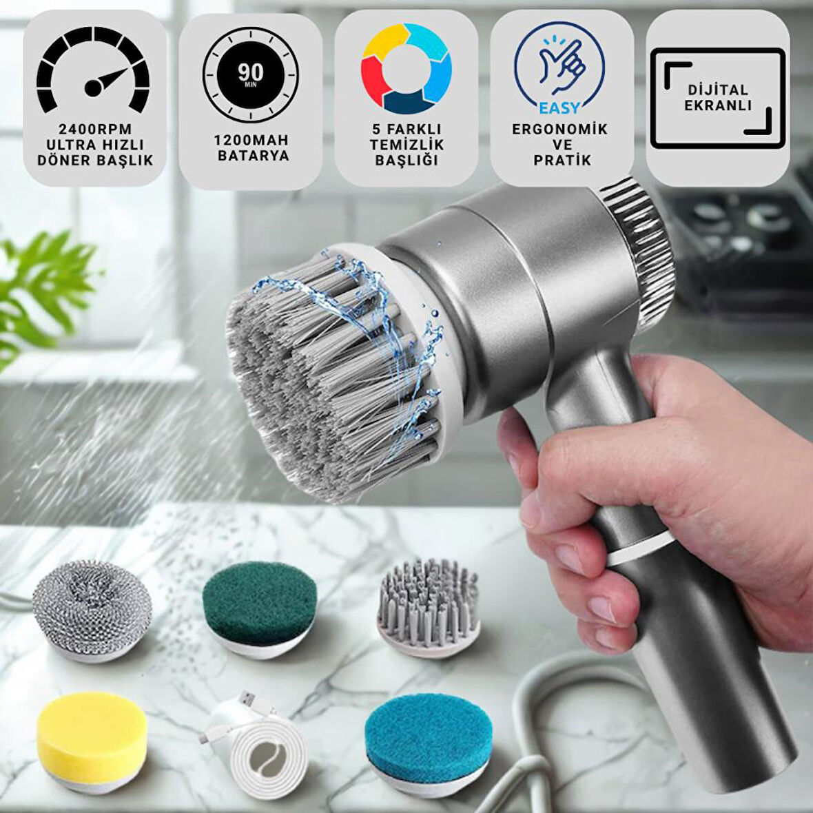 Coofbe  2400RPM Hızlı Şarjlı Değiştirilebilir 5 Başlıklı Profesyonel Temizlik Fırçası Mutfak Lavabo Banyo Temizlik Fırçası