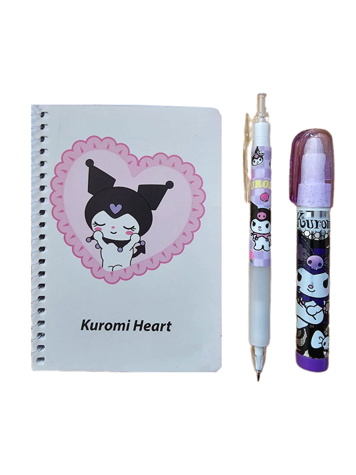 Kuromi Not Defteri + 07 Versatil Kalem + Yumurtlayan Roket Silgi ( 3 Parça ) Kromi