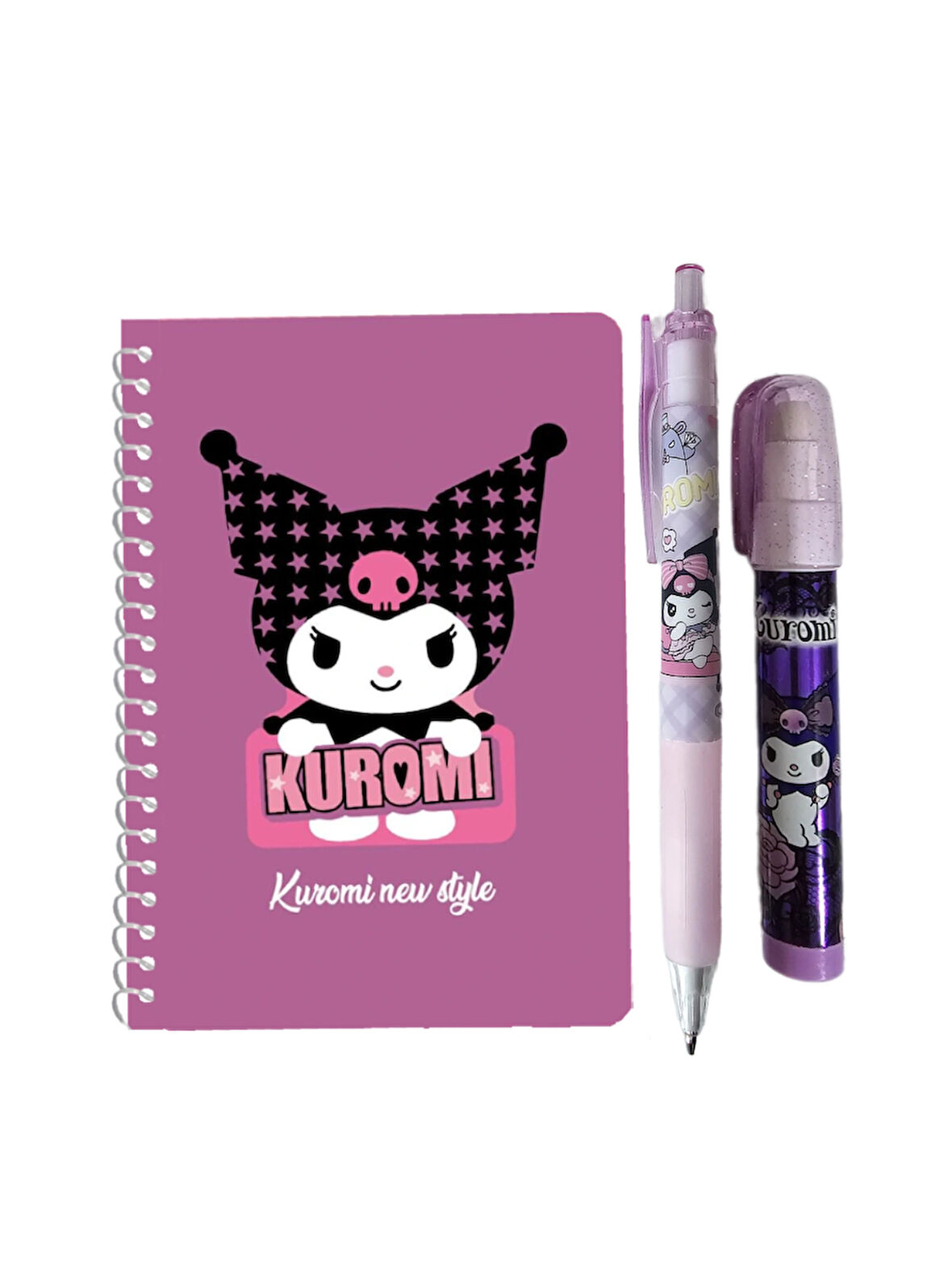 Kuromi Not Defteri + 07 Versatil Kalem + Yumurtlayan Roket Silgi ( 3 Parça ) Kromi