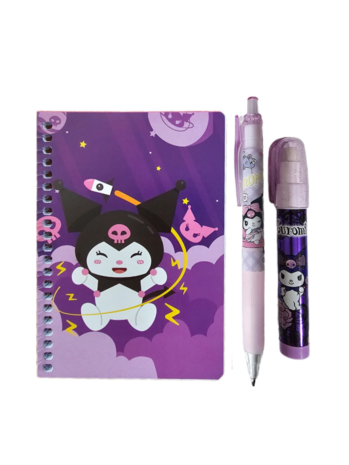 Kuromi Not Defteri + 07 Versatil Kalem + Yumurtlayan Roket Silgi ( 3 Parça ) Kromi
