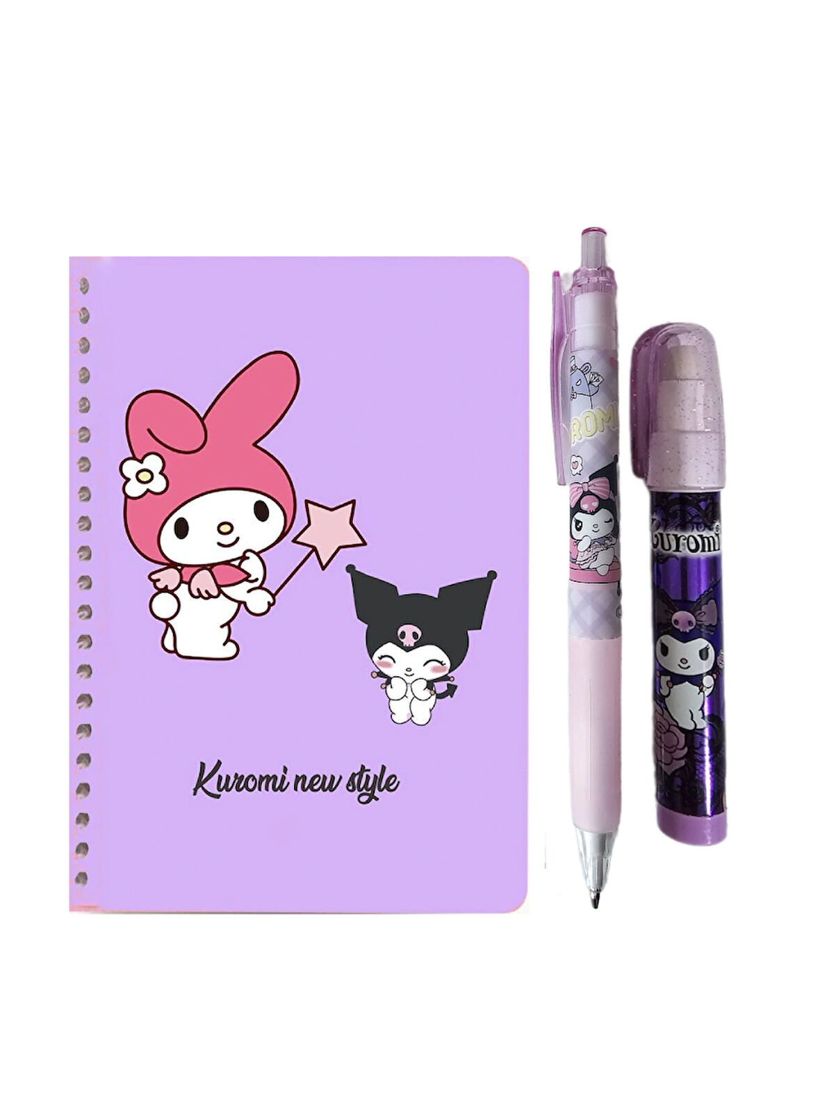 Kuromi Not Defteri + 07 Versatil Kalem + Yumurtlayan Roket Silgi ( 3 Parça ) Kromi