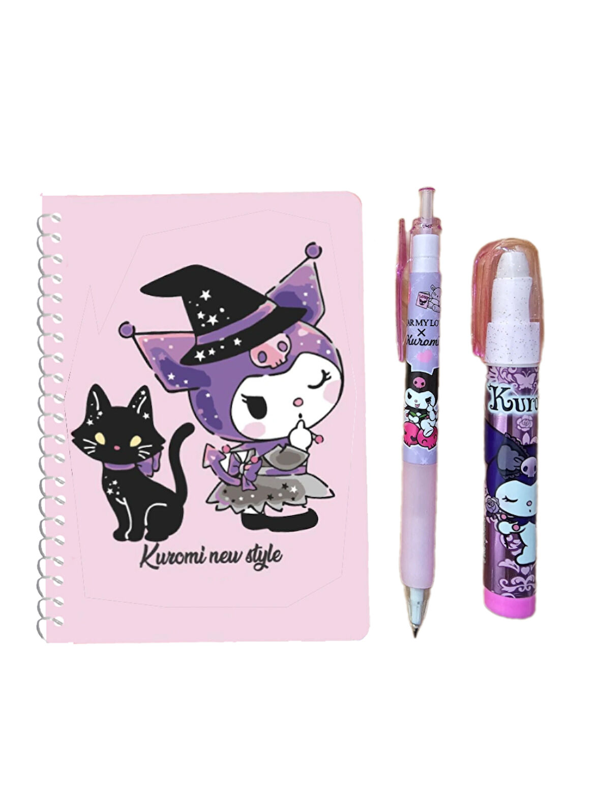 Kuromi Not Defteri + 07 Versatil Kalem + Yumurtlayan Roket Silgi ( 3 Parça ) Kromi