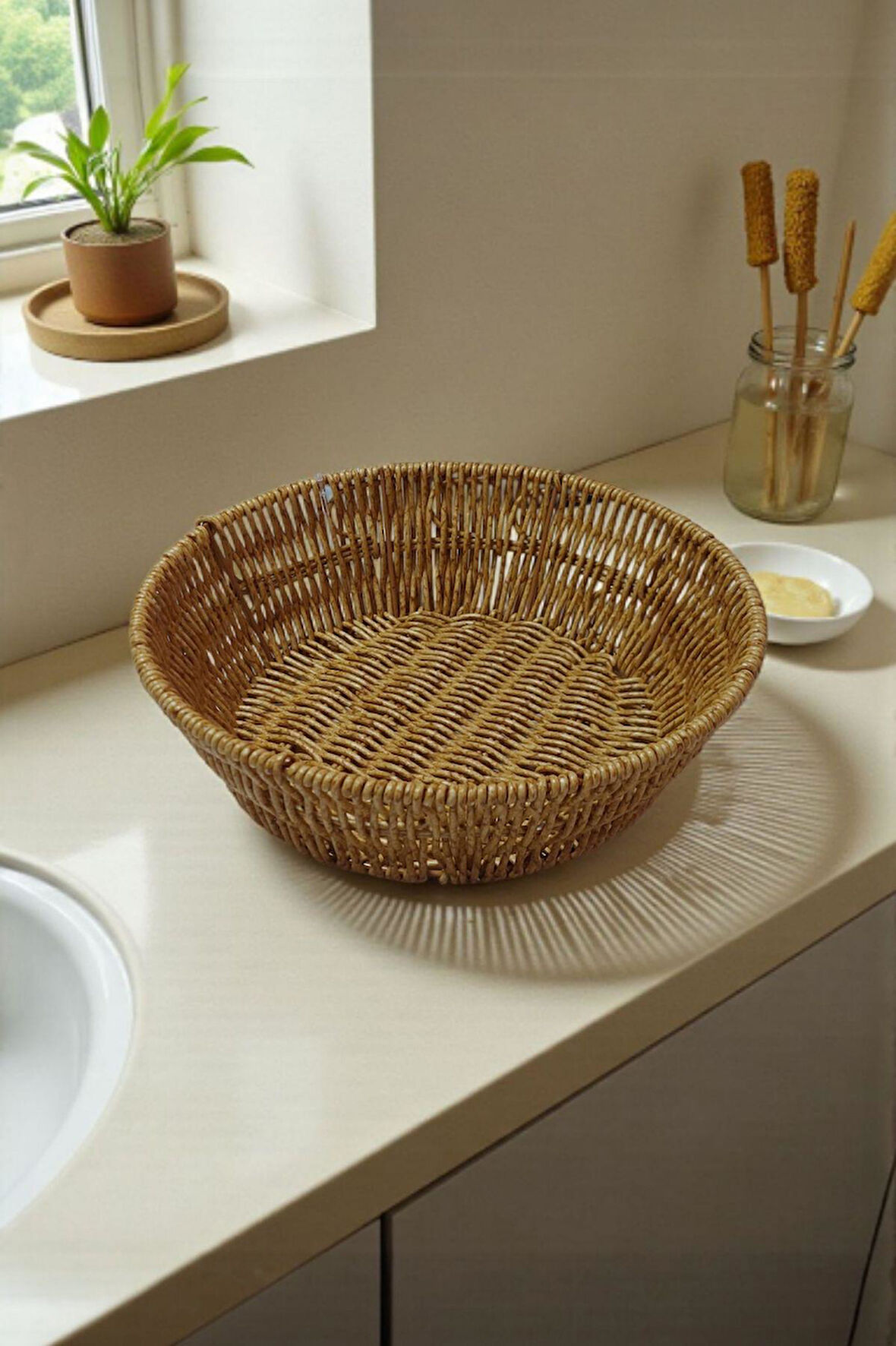  Hasır Rattan Örgülü Ekmek Sepeti Dekoratif Çok Amaçlı Organizer