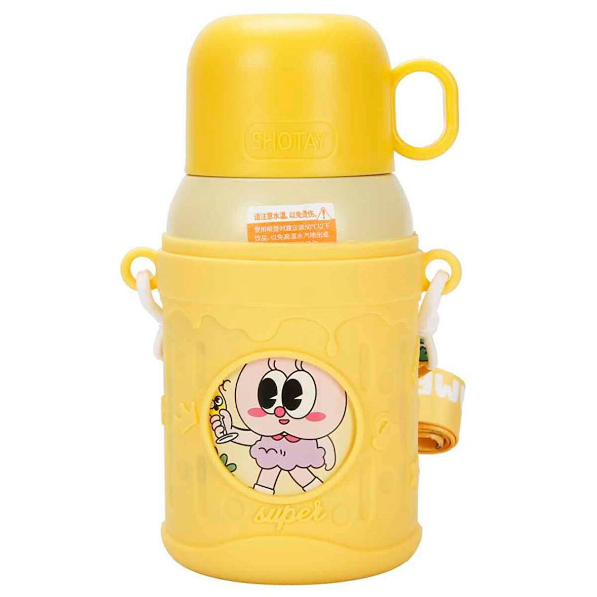 Shotay ST-8817 480ml Askılı Silikon Kılıflı Pipetli Desenli Sarı Çelik Matara