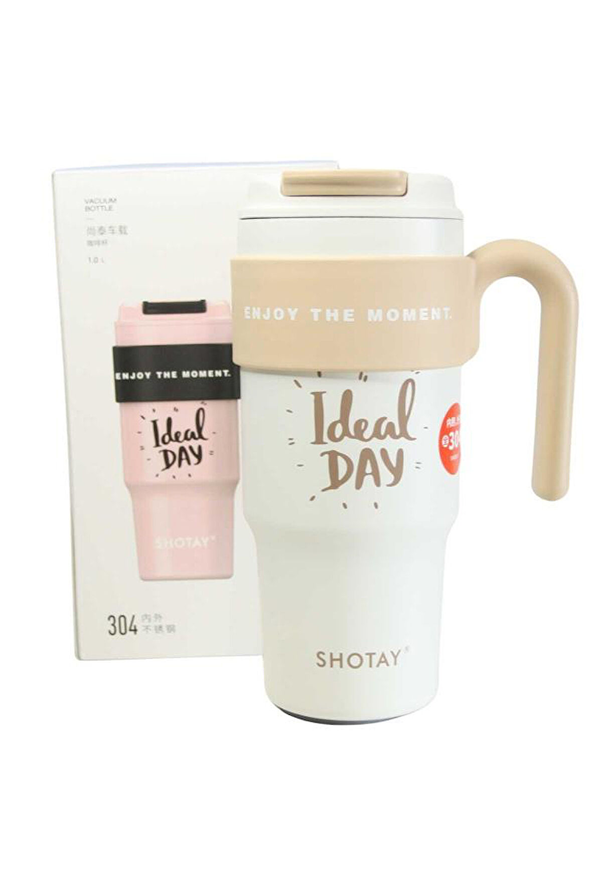 Shotay ST-8917 Çift Kullanım Pipetli/Rahat İçim Beyaz 1000ml Çelik Matara