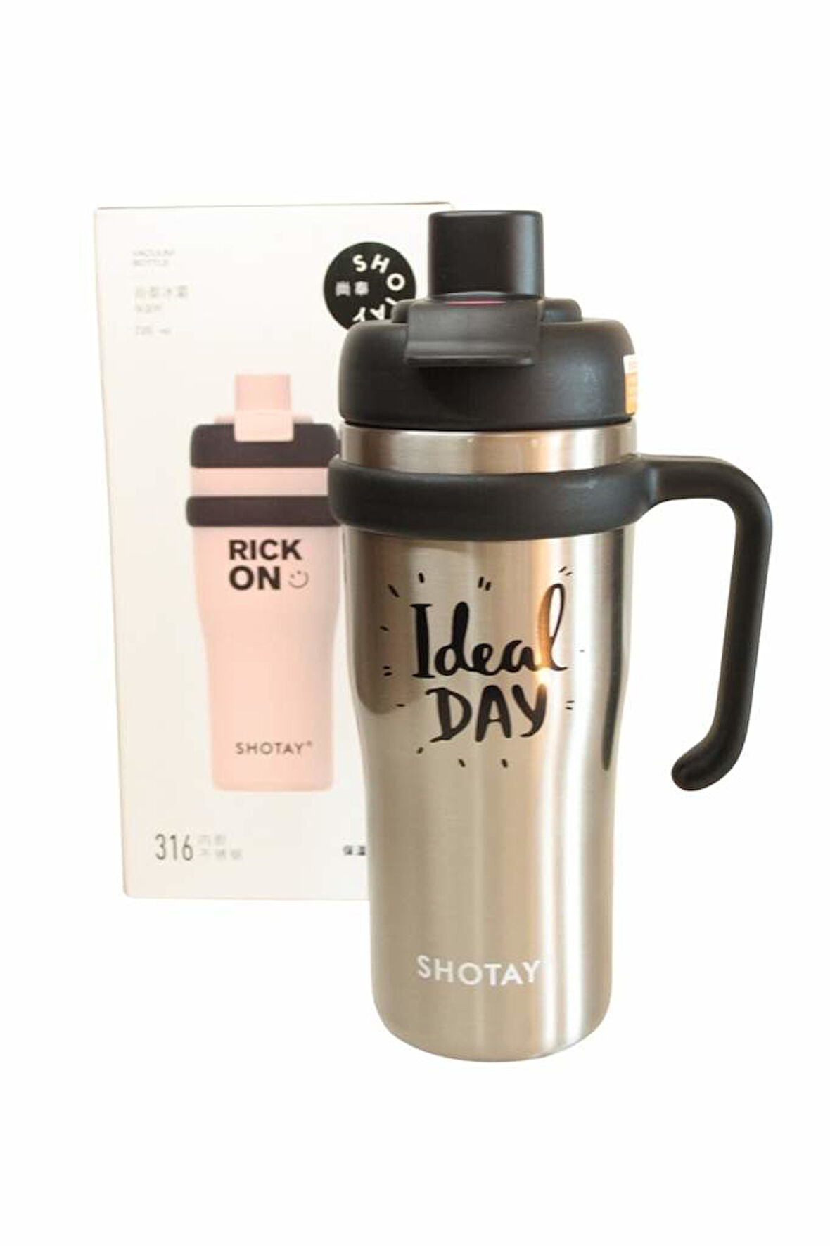 Shotay ST-8918 Çift Kullanım Pipetli/Rahat İçim Gri 720ml Çelik Termos