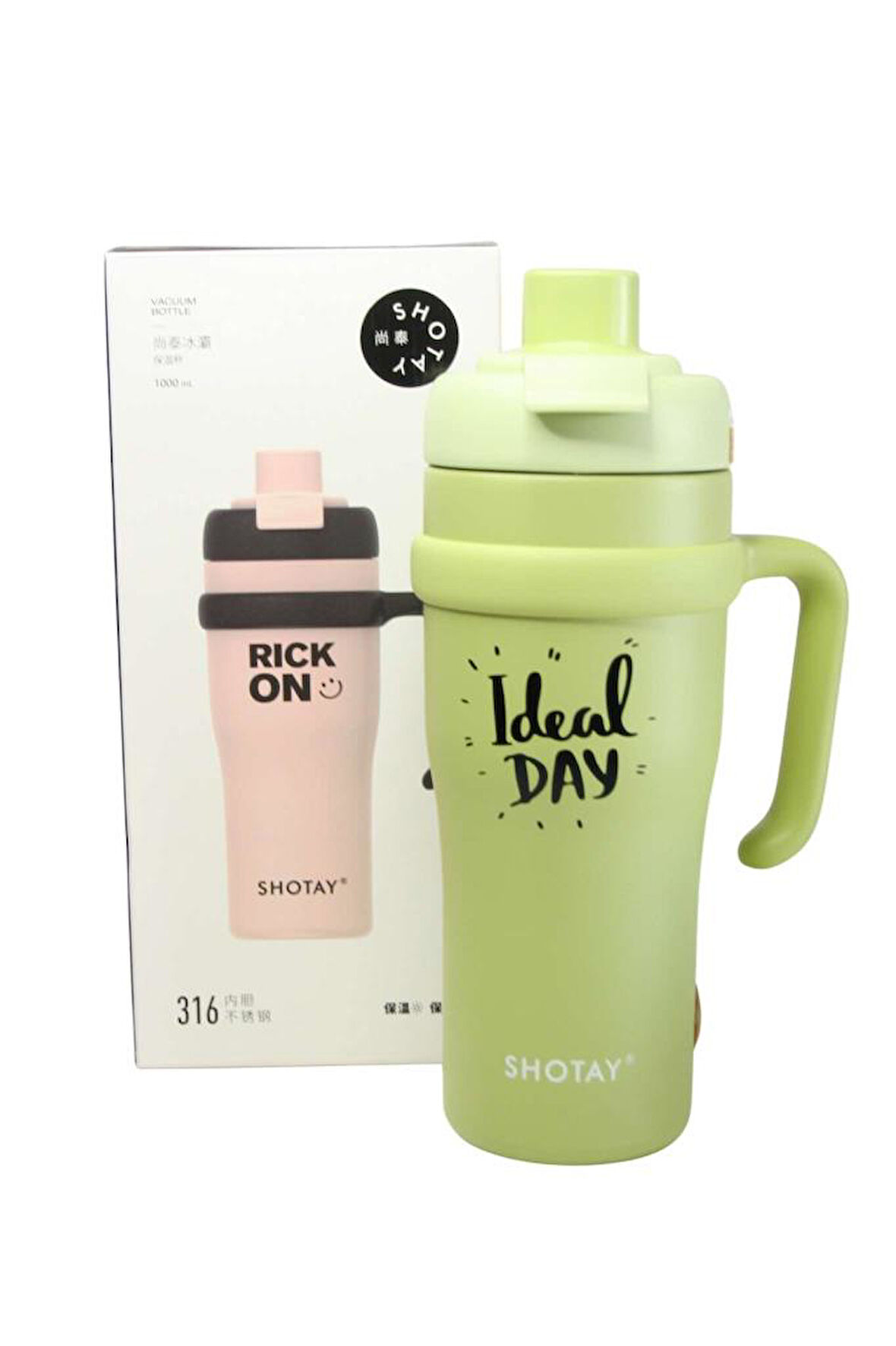 Shotay ST-8919 Çift Kullanım Pipetli/Rahat İçim Yeşil 1000ml Çelik Termos