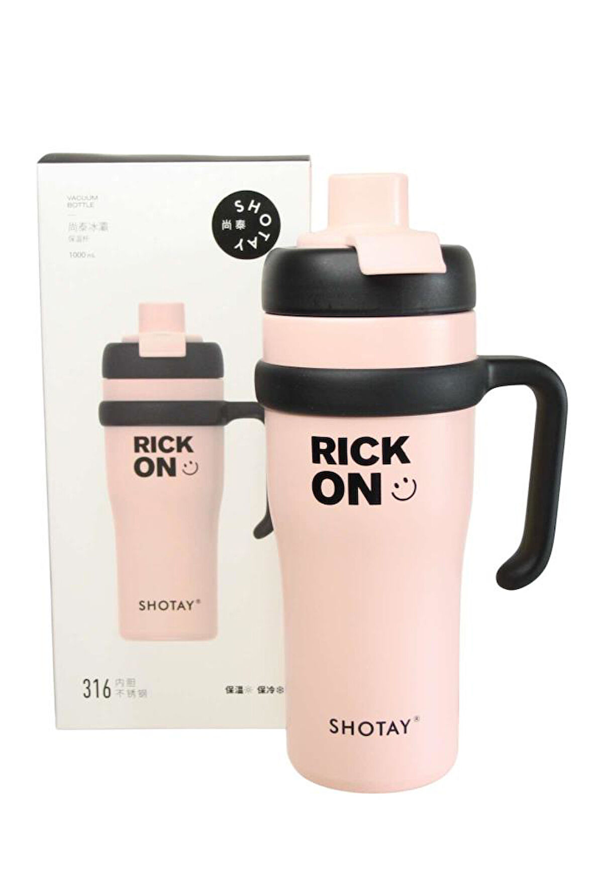 Shotay ST-8919 Çift Kullanım Pipetli/Rahat İçim Pembe 1000ml Çelik Termos