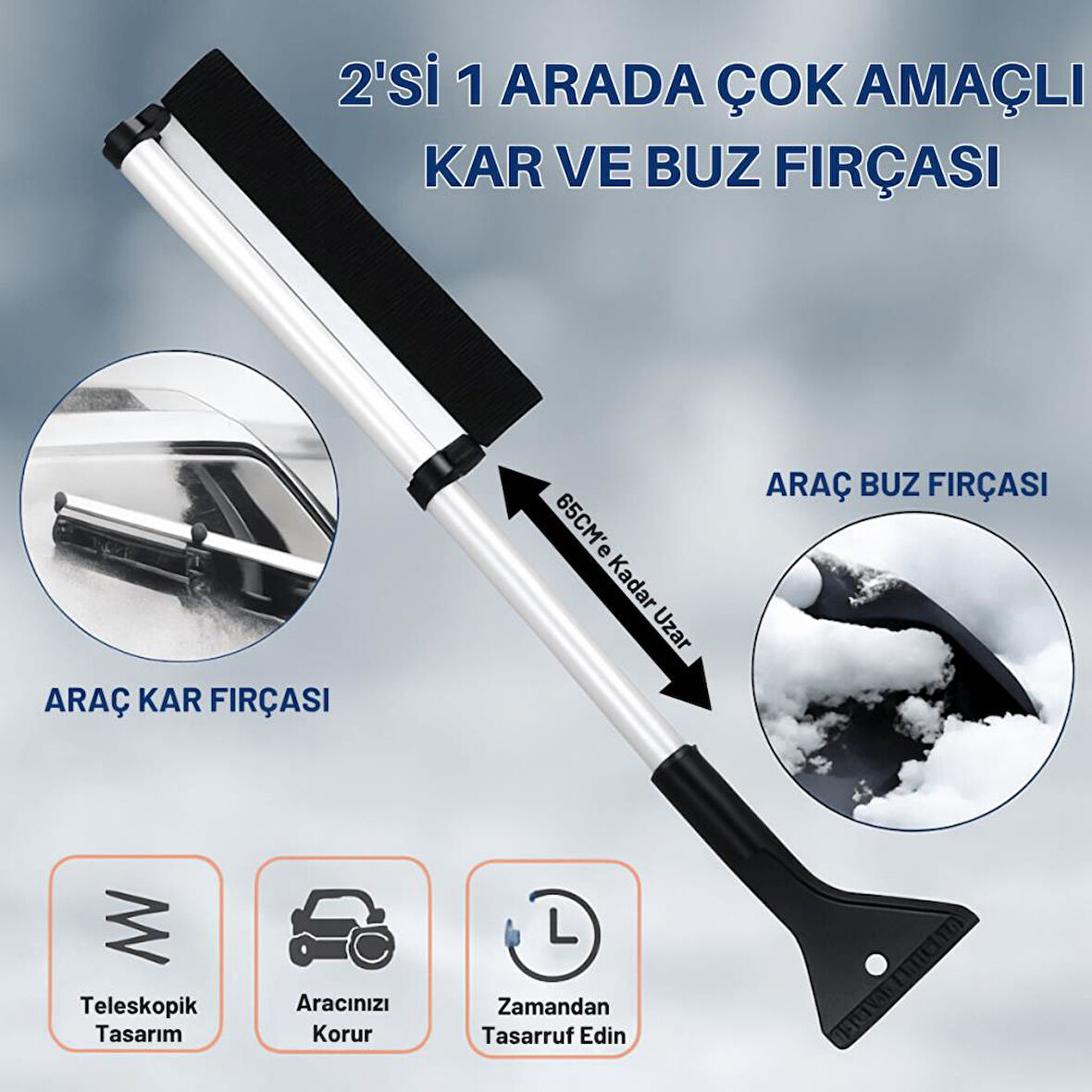 Coofbe 65CM Teleskopic 2in1 Araç Kar Fırçası Oto Ön Cam Buz Kazıyıcı Araç  Kar Fırçası Ve Buz Kazıyıcı
