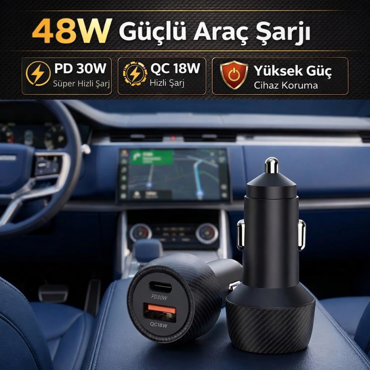Coofbe Şarj Akım Korumalı 48W 2 Portlu Araç Şarj Aleti Araç Çakmaklık Şarj Aleti Type-C Ve USB Giriş 12V / 24V