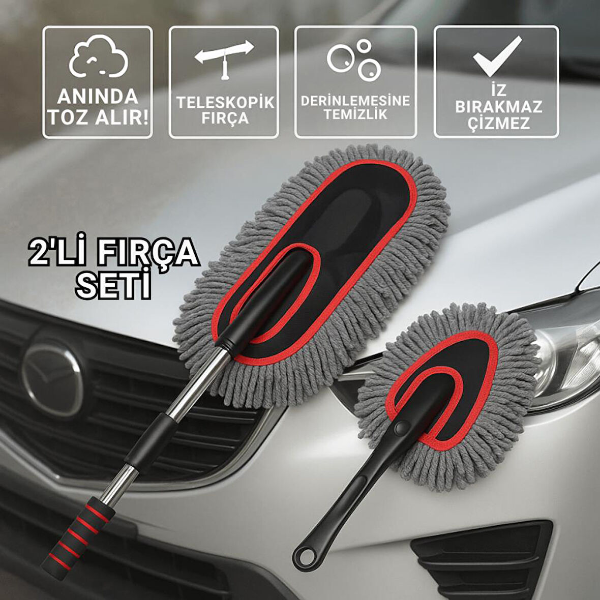 Coofbe 2 ADET Set Profesyonel Püsküllü Mikrofiber Araç Yıkama Fırçası Toz Alma Fırçası Araç Paspası