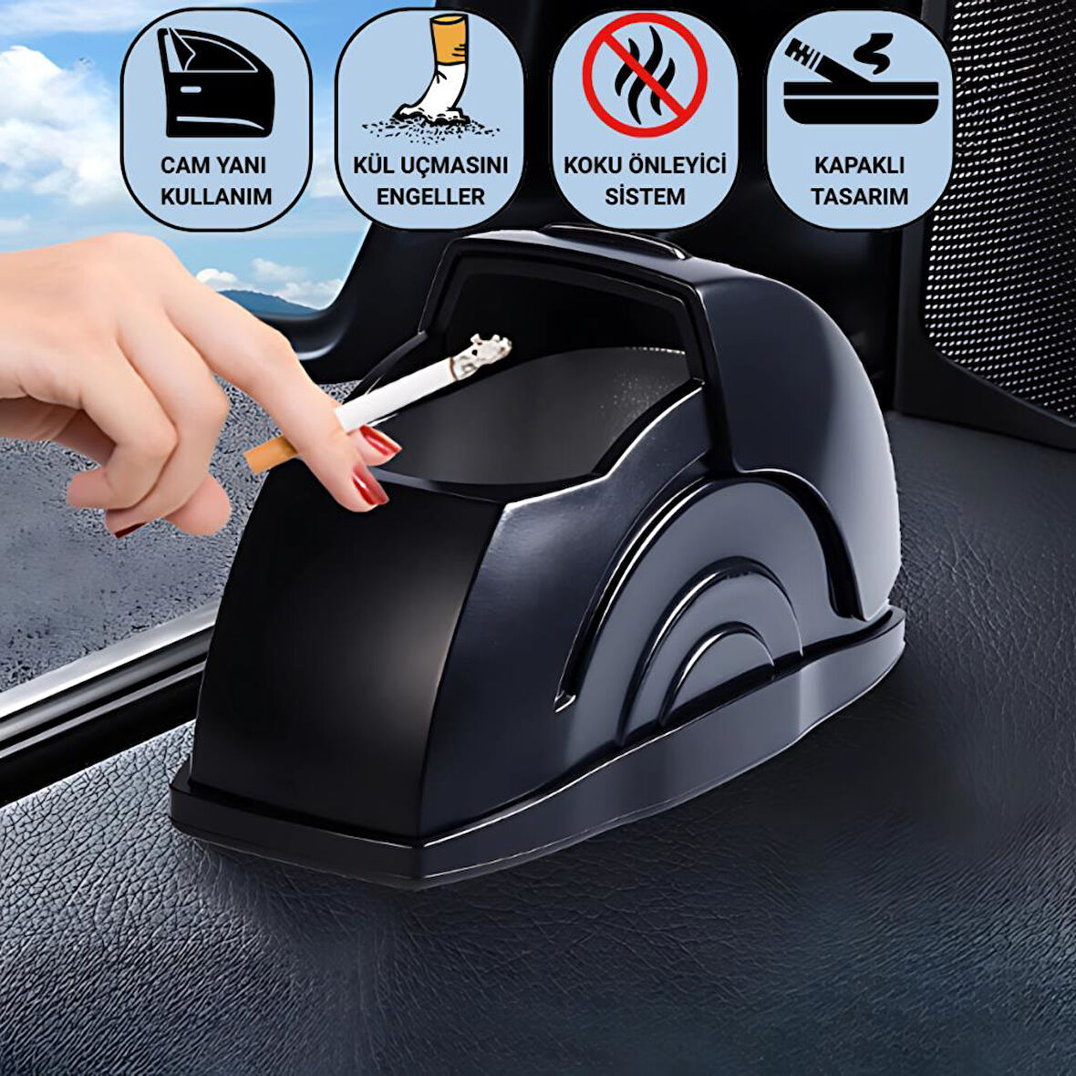 Coofbe Yeni Nesil Kapaklı Araç Cam Kenarı Oto Küllük Araba Küllüğü Koku Önleyici Araç Kül Tablası