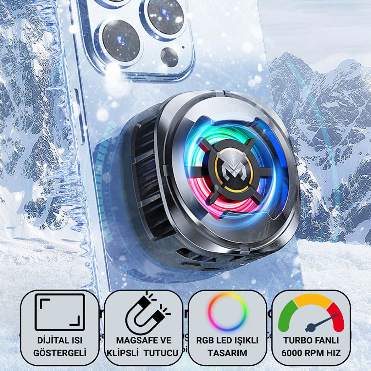 Coofbe 6000 RPM Turbo Fan Işıklı Magsafe İle Uyumlu Telefon Soğutucu Radyatör Tüm Telefonlara Uyumlu