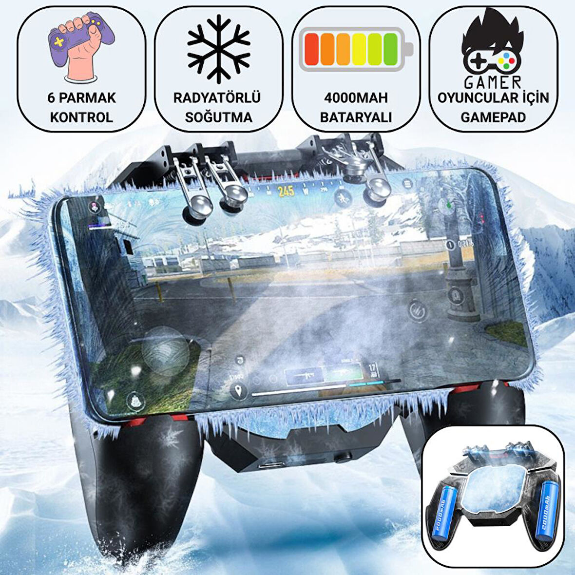 Coofbe Profesyonel Yüksek Hassasiyetli 4000Mah Şarjlı 6 Parmak Telefon Soğutucu Ve Joystick Gamepad Tetik