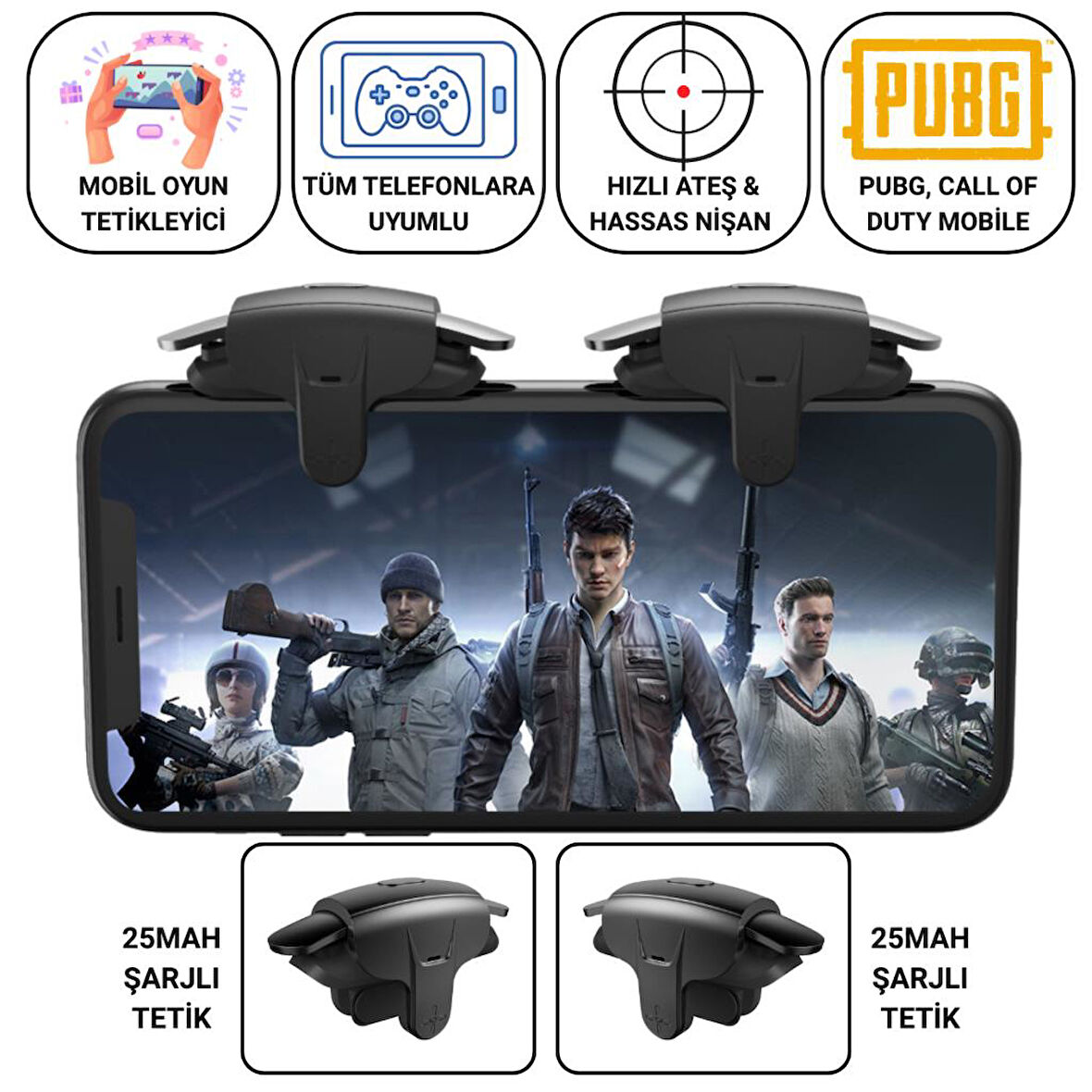 Coofbe Profesyonel Yüksek Hassasiyetli 2 Adet Şarjlı Telefon Tetik Mobil Oyun Tetik Aparatı 4 Buton Nişan Ve Tetik Tuşu