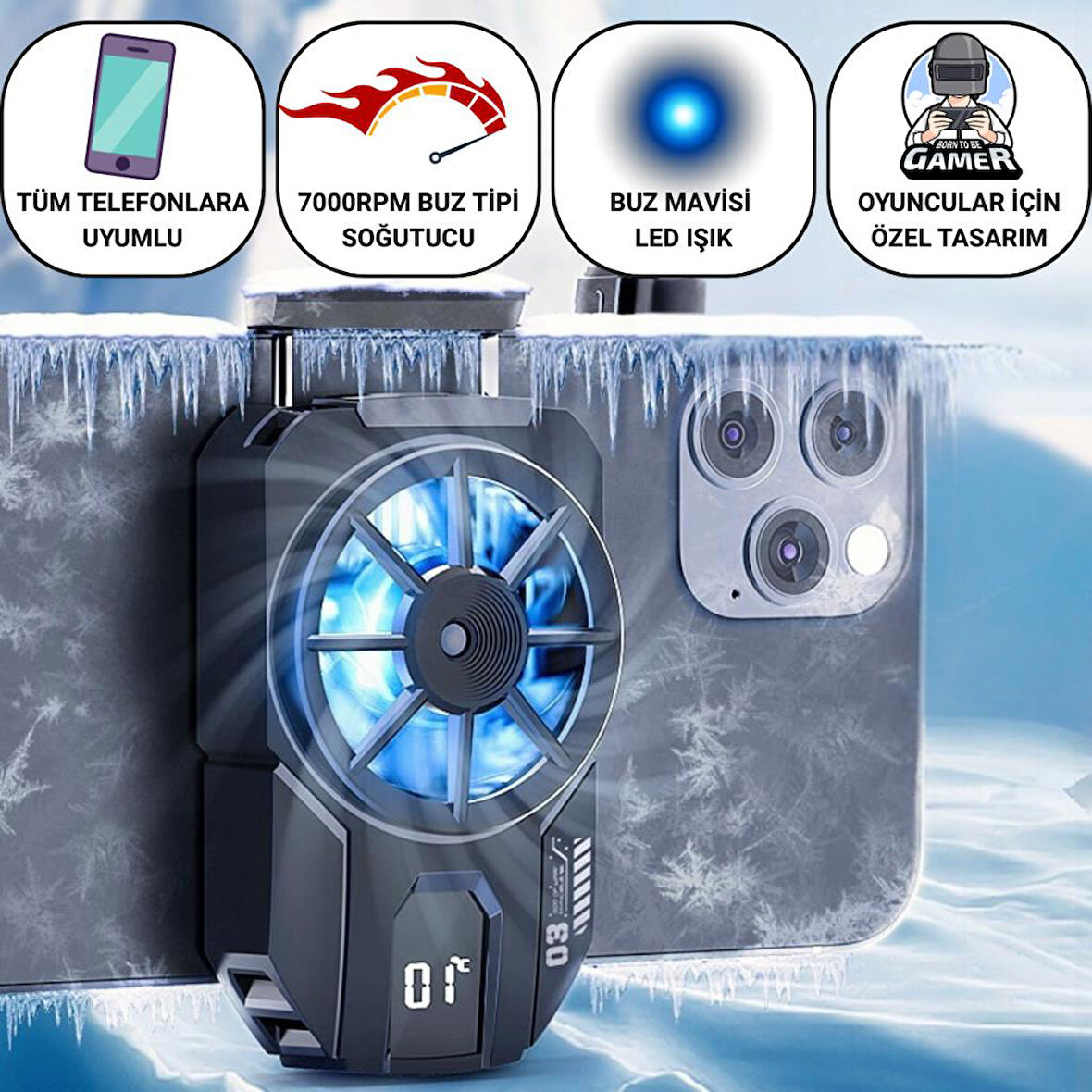 Coofbe Gösteregeli 7000 RPM Turbo Fan Işıklı Klipsli Telefon Soğutucu Radyatör Tüm Telefonlara Uyumlu