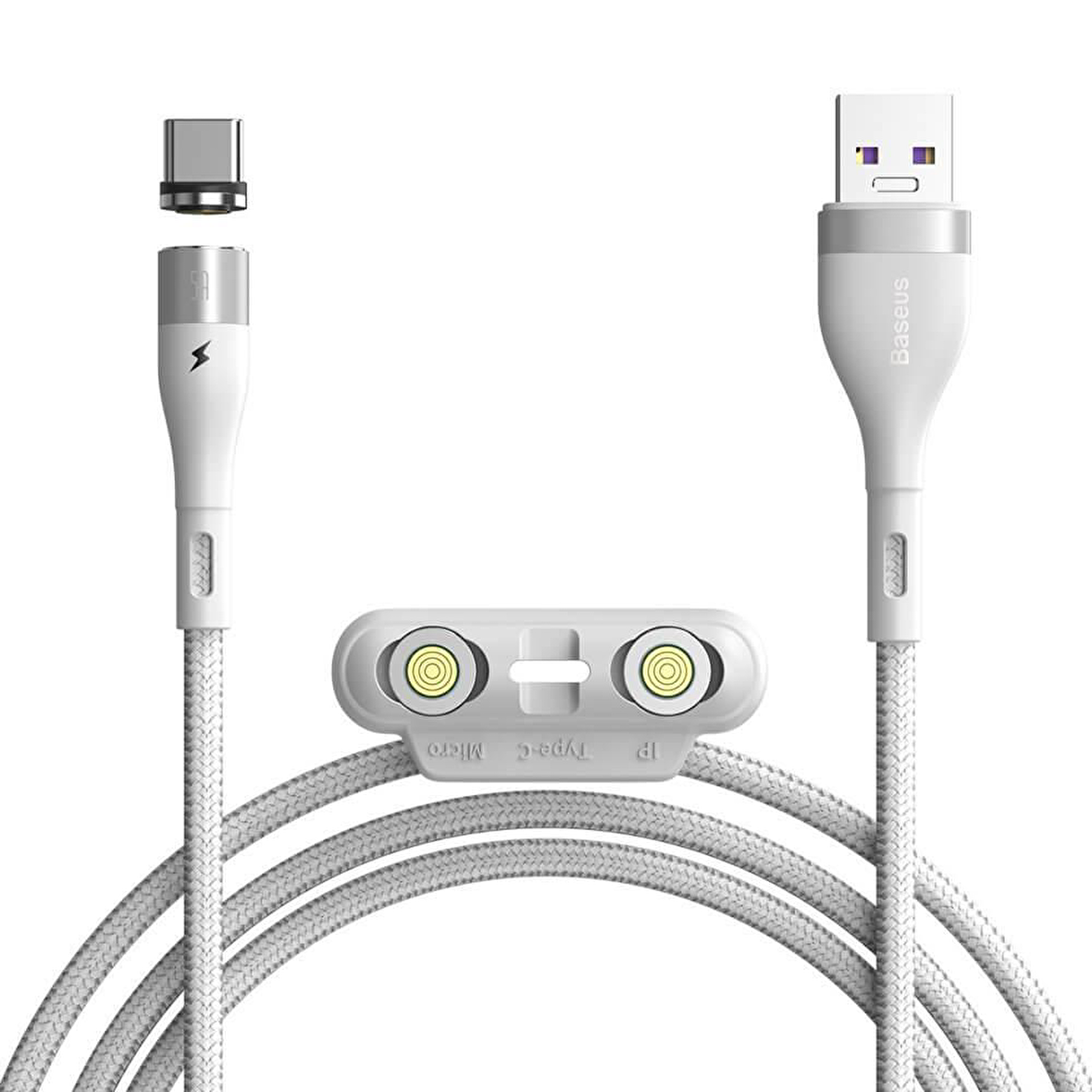 Baseus Zinc Magnetic, Şarj & Data Aktarım Kablosu, 1M, 5A,Micro USB & Lightning & USB Type C, Mıknatıs Uçlu & Işıklı, Hızlı Şarj - Beyaz