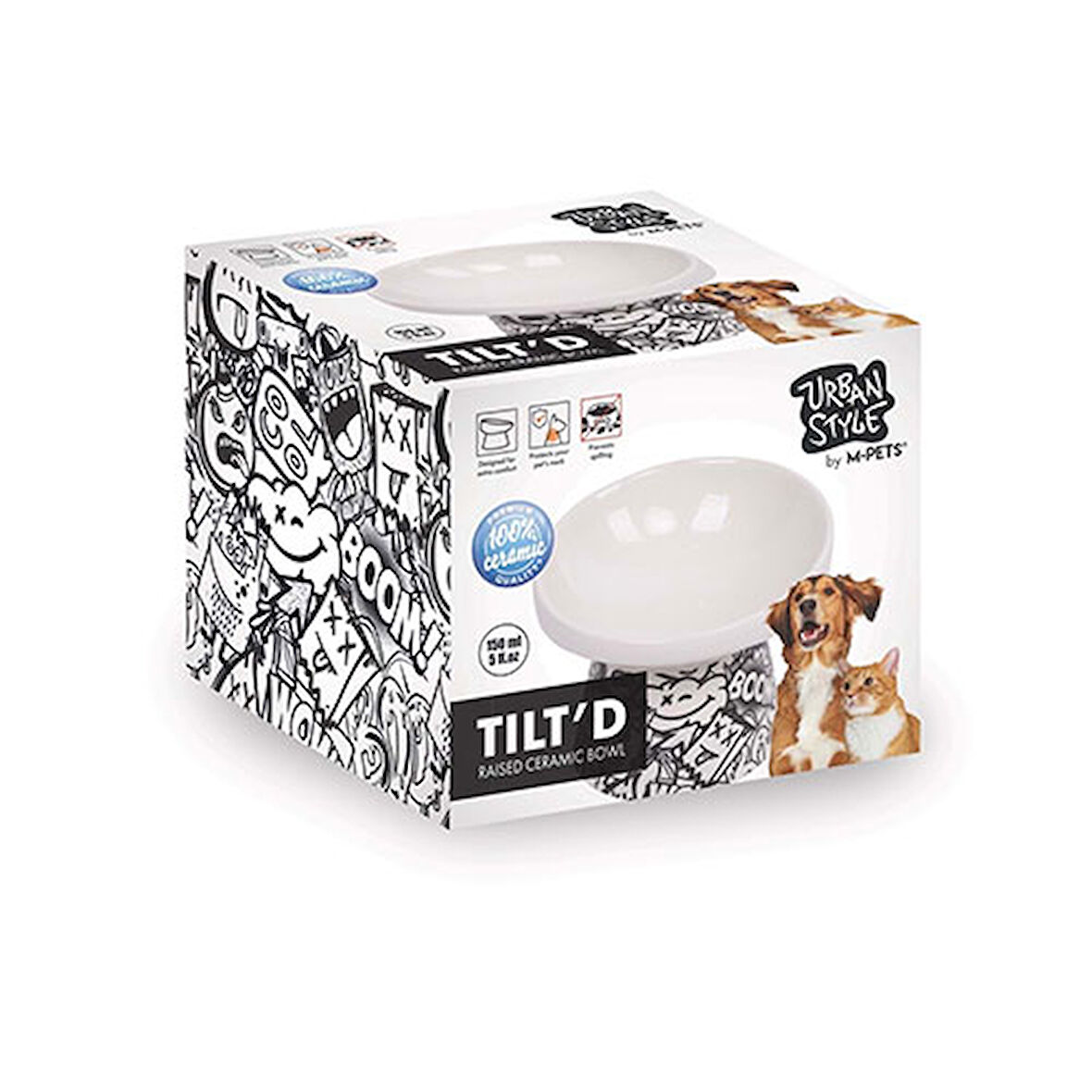 M-Pets Urban Style Seramik Kedi Mama ve Su Kabı Siyah Beyaz 150 Ml 10,5x10,6x8 Cm 