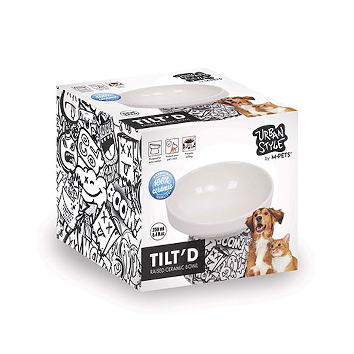 M-Pets Urban Style Seramik Kedi Mama ve Su Kabı Siyah Beyaz 250 Ml 12x12,5x9,5 Cm 