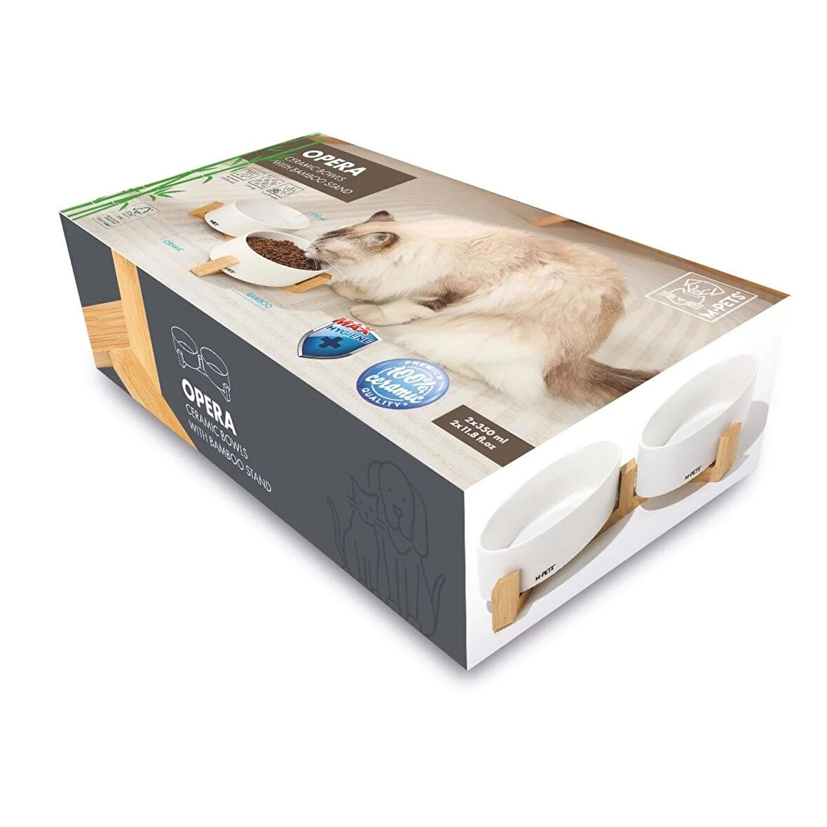 M-Pets Opera Ceramic Bowls Bambu Standlı 2x350 ml Beyaz