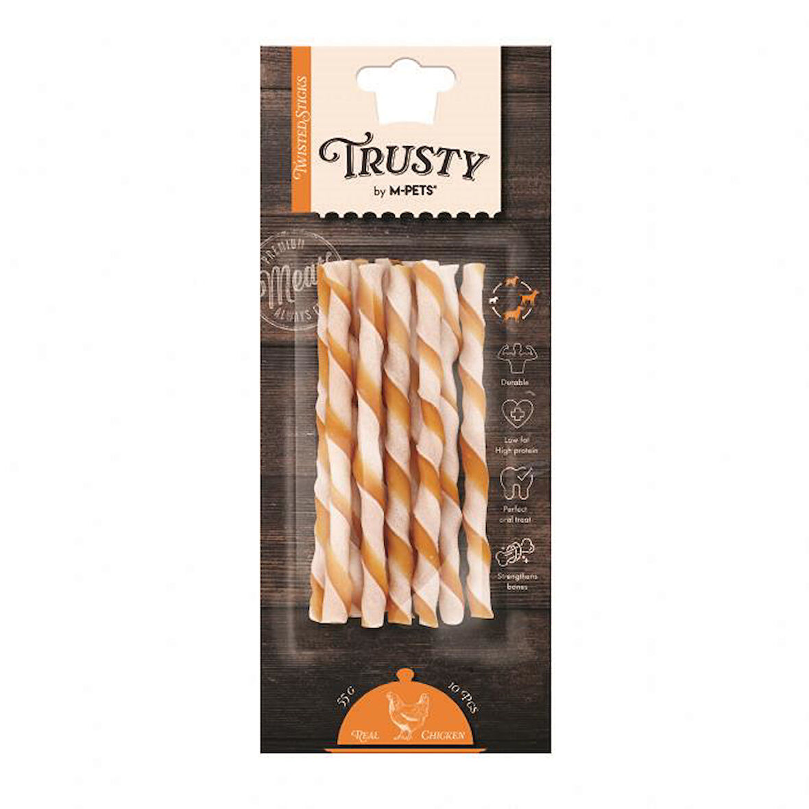 19047299 M-PETS TRUSTY CHICKEN TWISTED STICKS 10LU 55GR/12,7CM