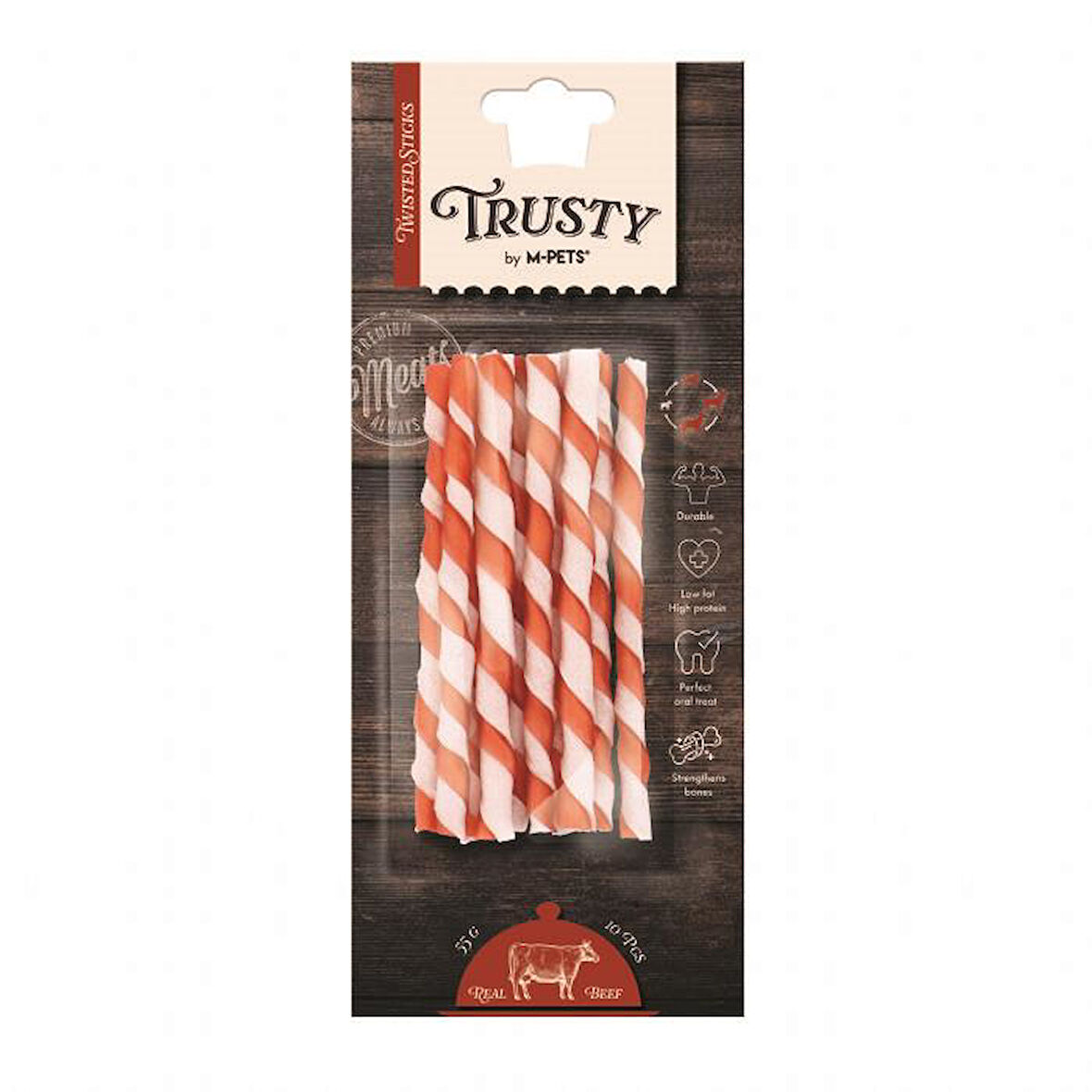 19047399 M-PETS TRUSTY BEEF TWISTED STICKS 10LU 55GR/12,7CM