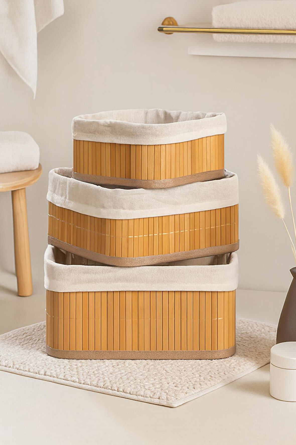 3 Lü Kare Doğal Bambu Sepet Seti - Pinterest Dekoratif Organizer Düzenleyici Sepet Takımı