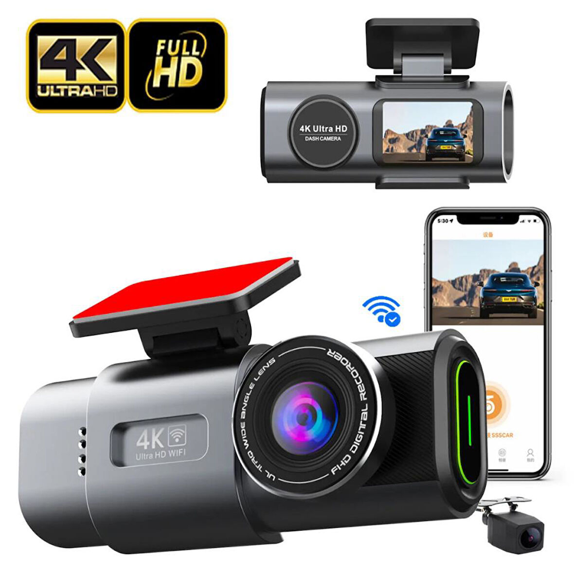 Coofbe GPS Mobil Uygulamalı 4K 170° Geniş Açı Gece Görüşlü Ön Arka Akıllı Araç İçi Kamera Park Modu G-sensor WiFi