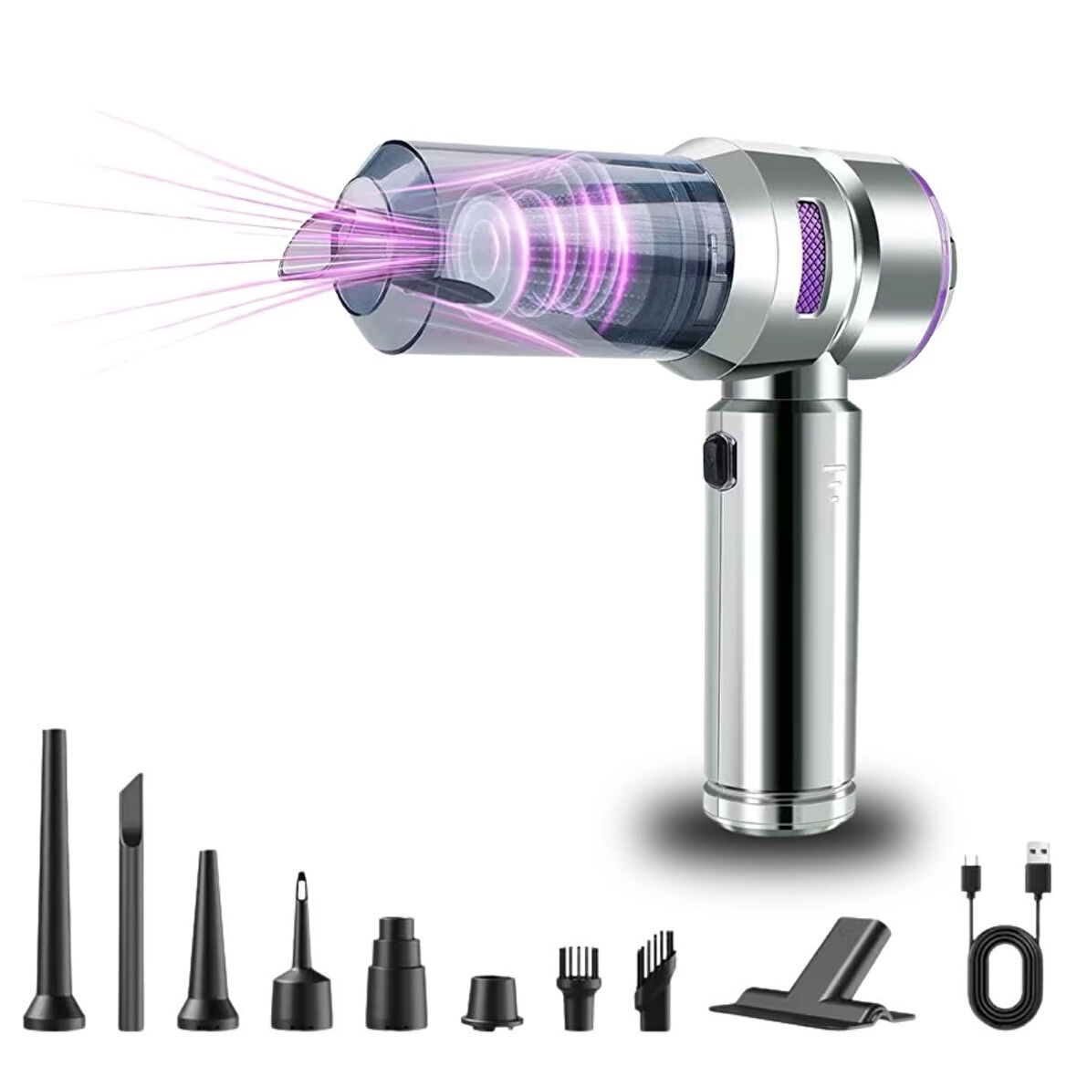 BUFFER® 9 Farklı Uçlu Kablosuz Şarjlı Araç İçi Süpürge – Wireless Destekli, Güçlü Emiş, Taşınabilir 