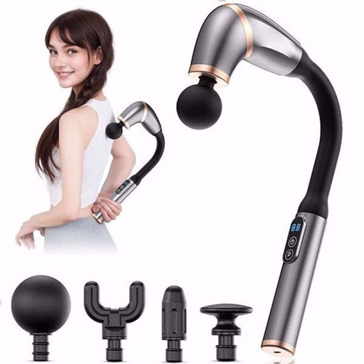 BUFFER® 4 Farklı Başlıklı Uzun Saplı Derin Doku Masaj Tabancası, Boyun, Omuz ve Sırt için Ergonomik 