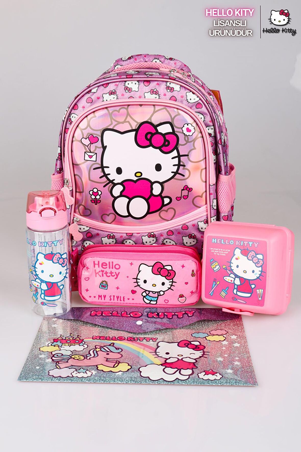 YENİ SEZON LİSANSLI HELLO KITTY'NIN PIRILTILI DÜNYASI ÖZEL KOLEKSİYON OKUL ÇANTASI VE KALEM ÇANTASI SETİ,MATARA,BESLENME KABI,ÇITÇIT DOSYA SETİ